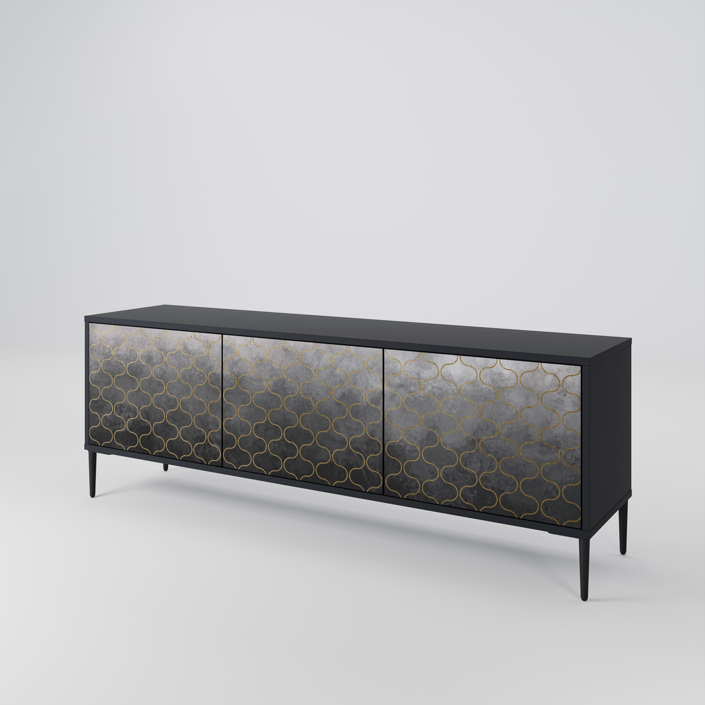 Mueble para TV de 3 puertas en color grisáceo teselado con acabado negro