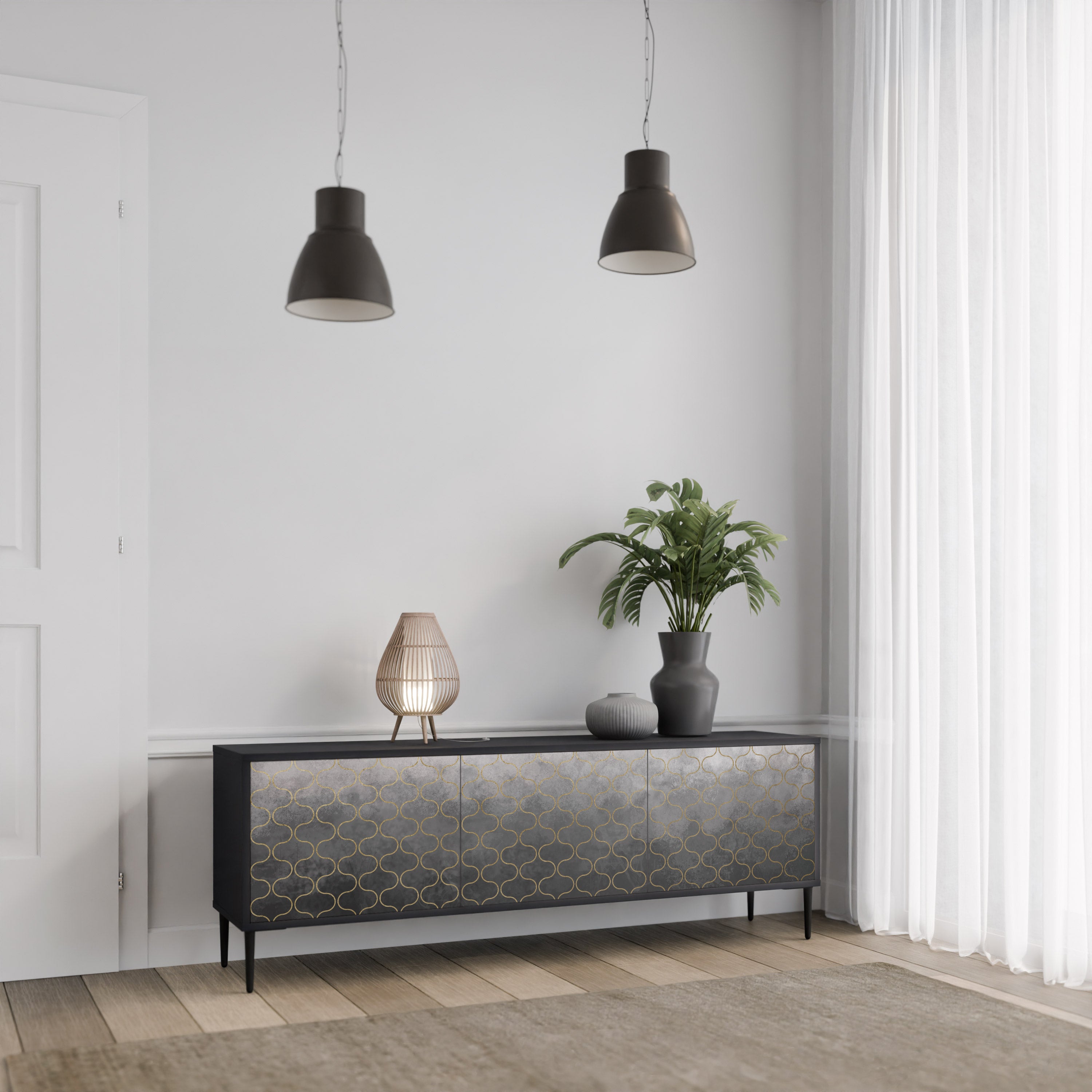 Mueble para TV de 3 puertas en color grisáceo teselado con acabado negro