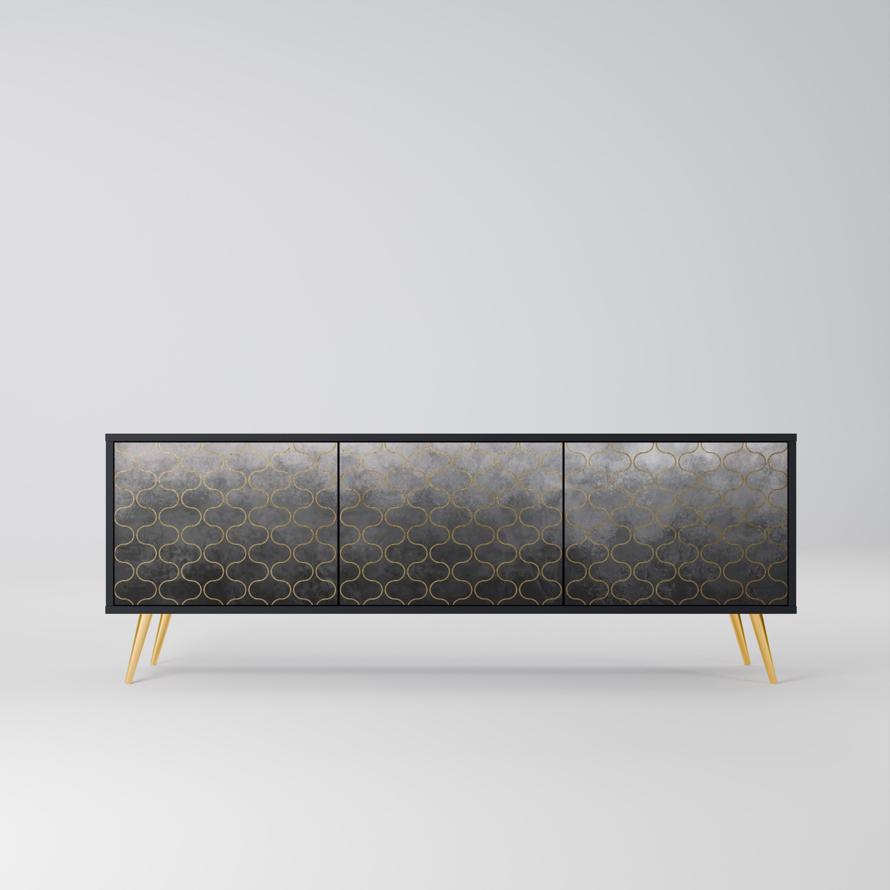 Mueble para TV de 3 puertas en color grisáceo teselado con acabado negro