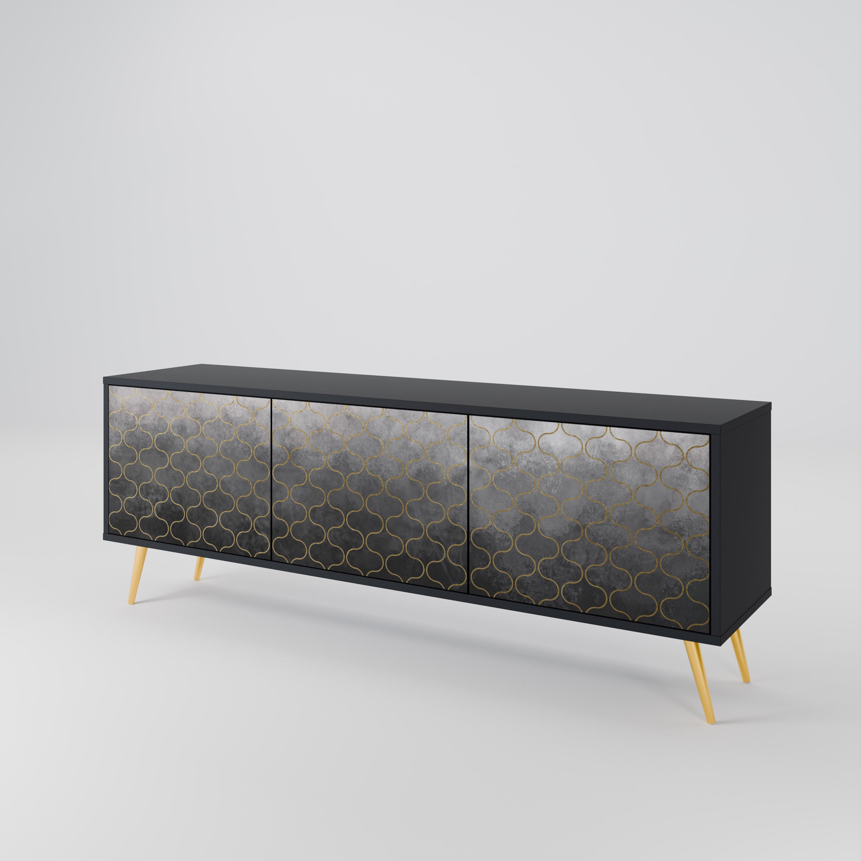 Mueble para TV de 3 puertas en color grisáceo teselado con acabado negro