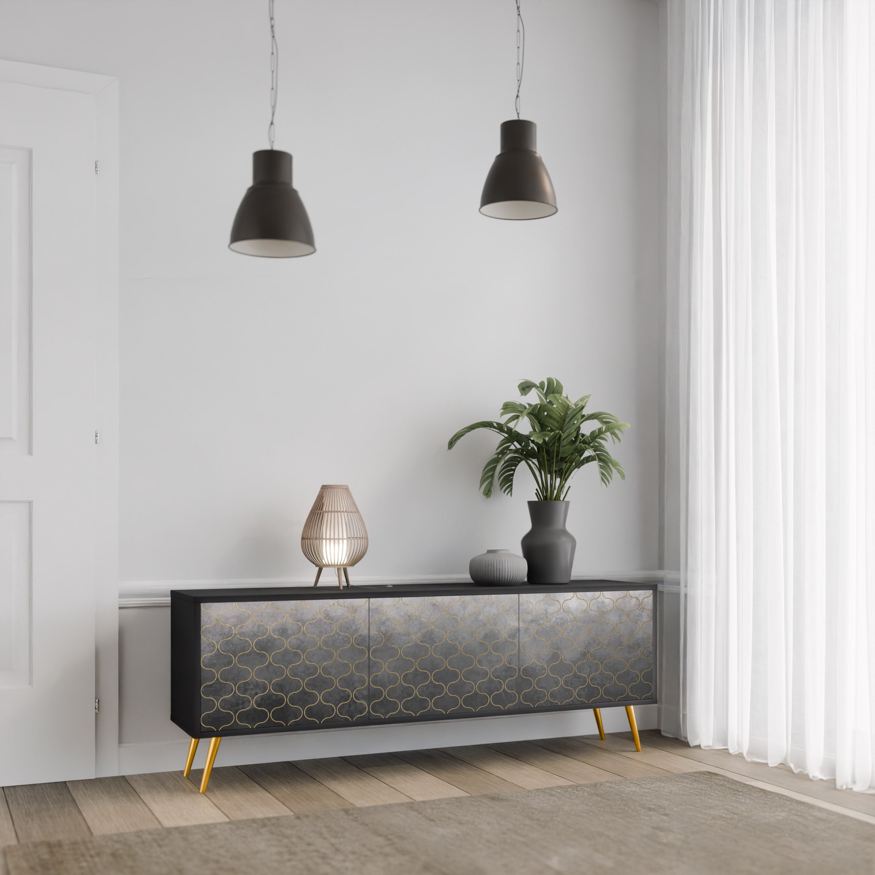 Mueble para TV de 3 puertas en color grisáceo teselado con acabado negro