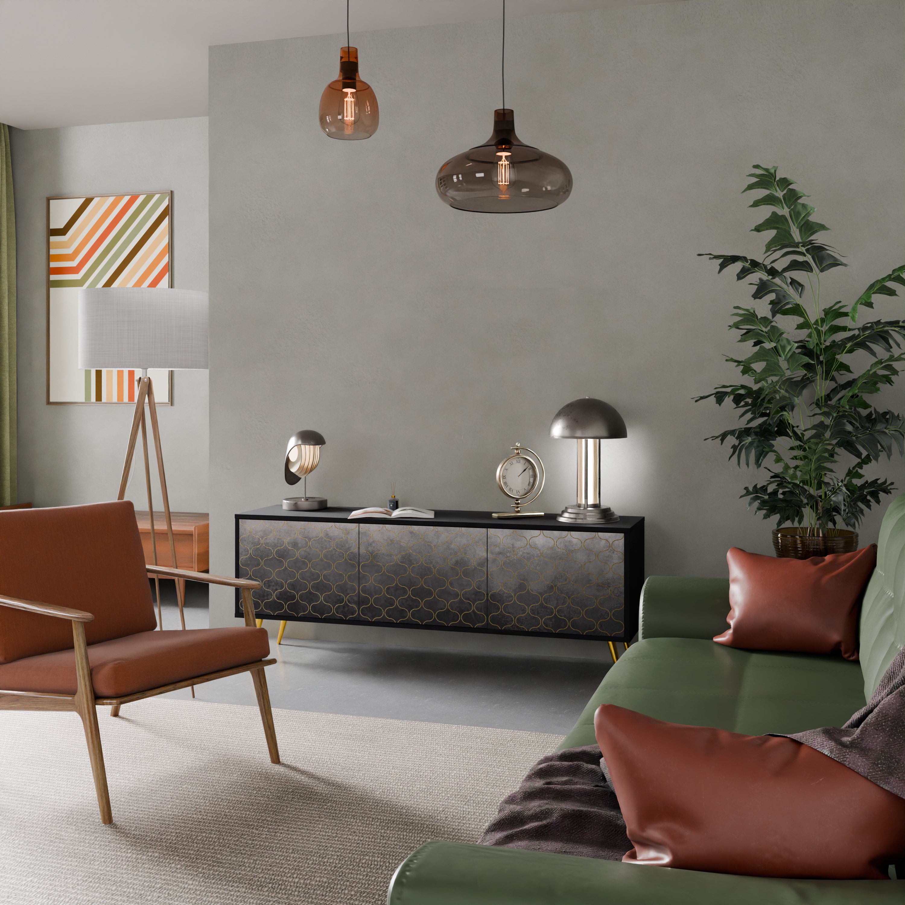 Mueble para TV de 3 puertas en color grisáceo teselado con acabado negro