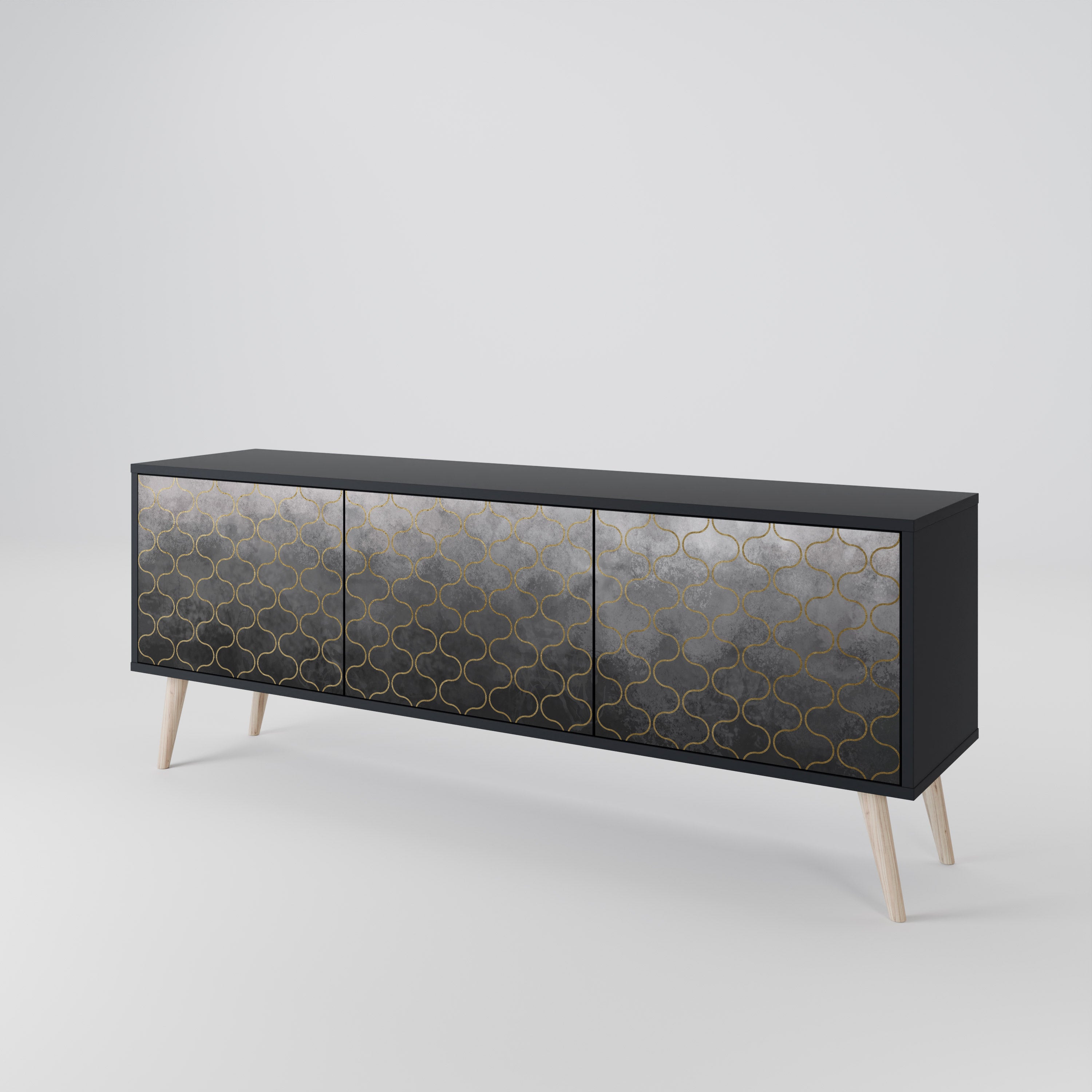 Mueble para TV de 3 puertas en color grisáceo teselado con acabado negro