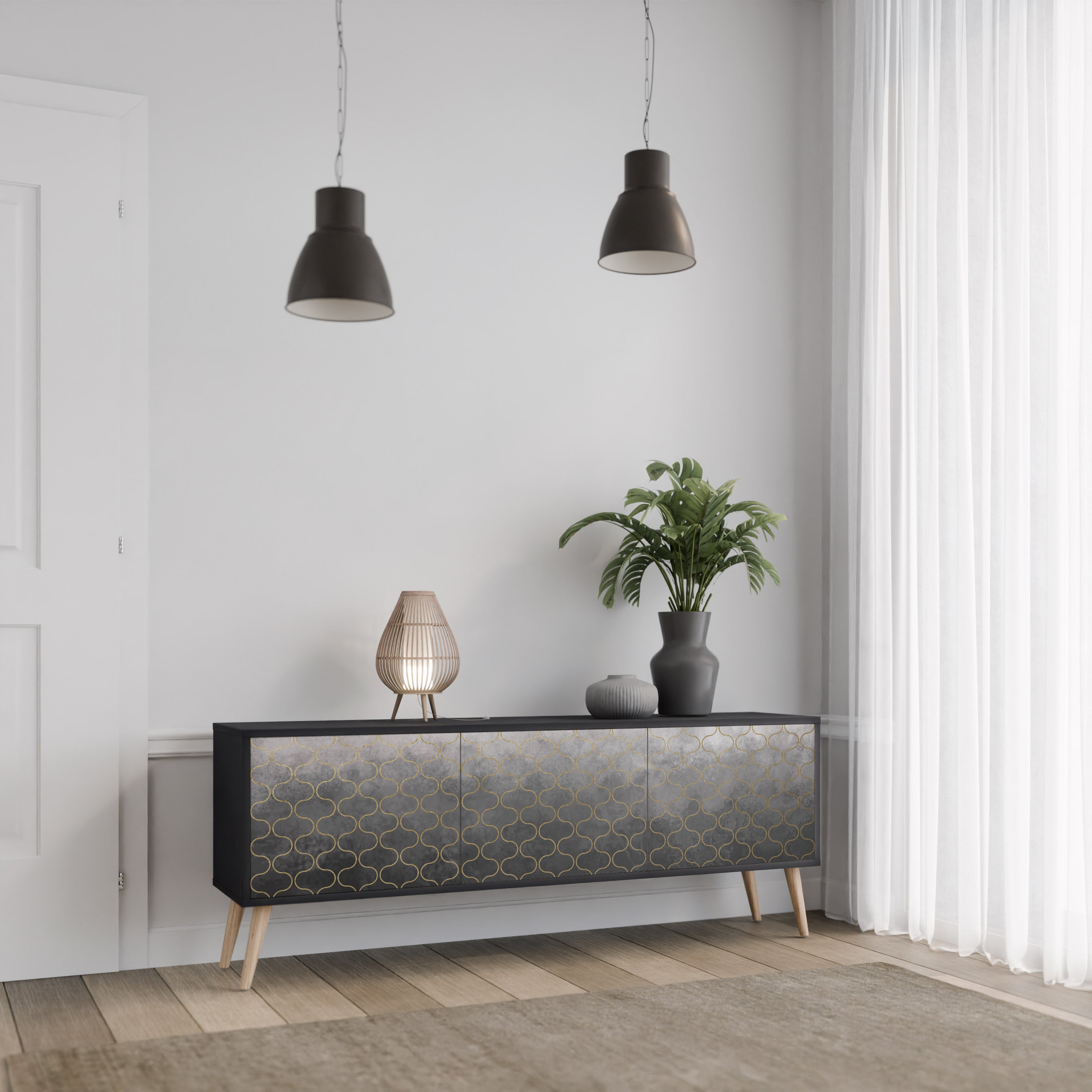 Mueble para TV de 3 puertas en color grisáceo teselado con acabado negro