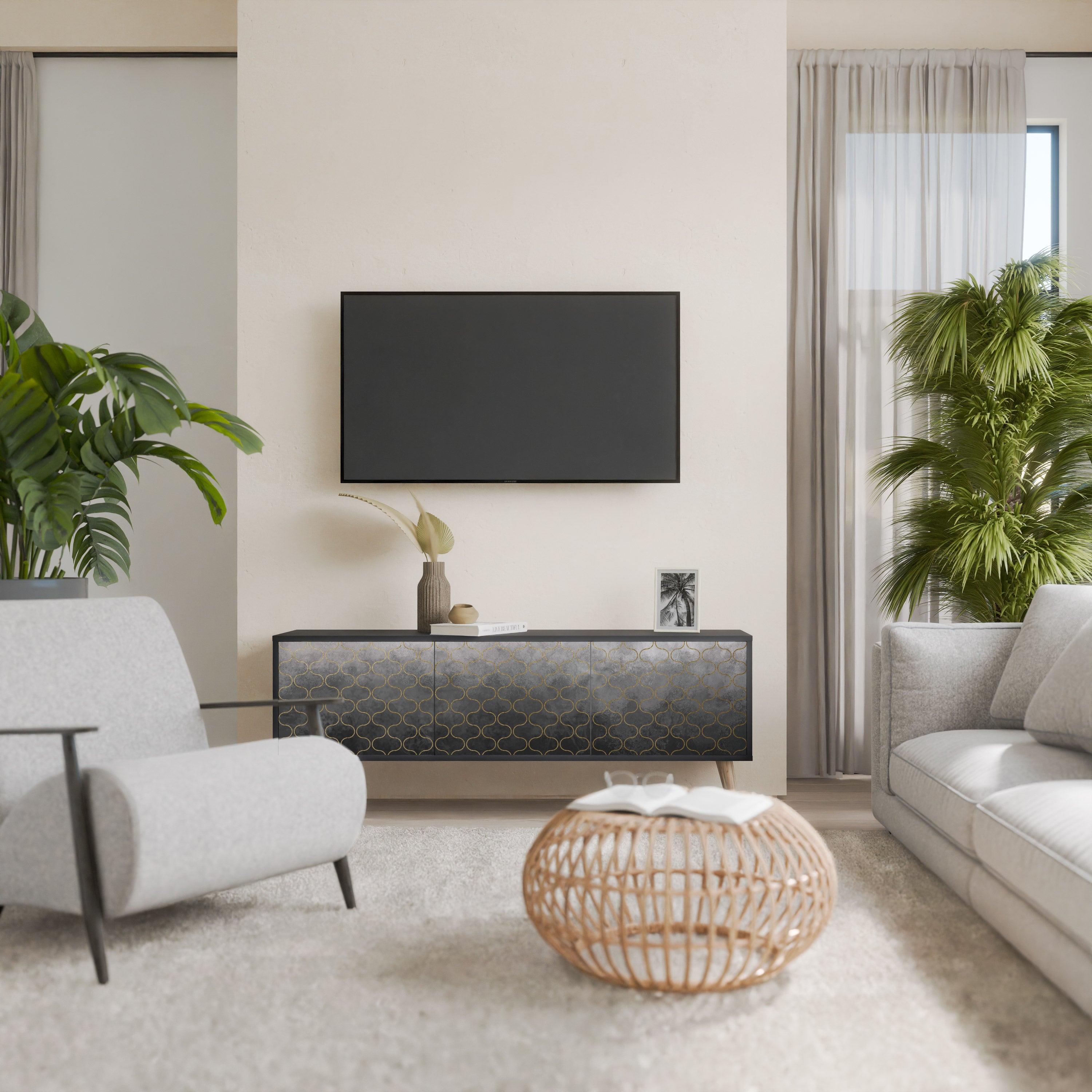 Mueble para TV de 3 puertas en color grisáceo teselado con acabado negro