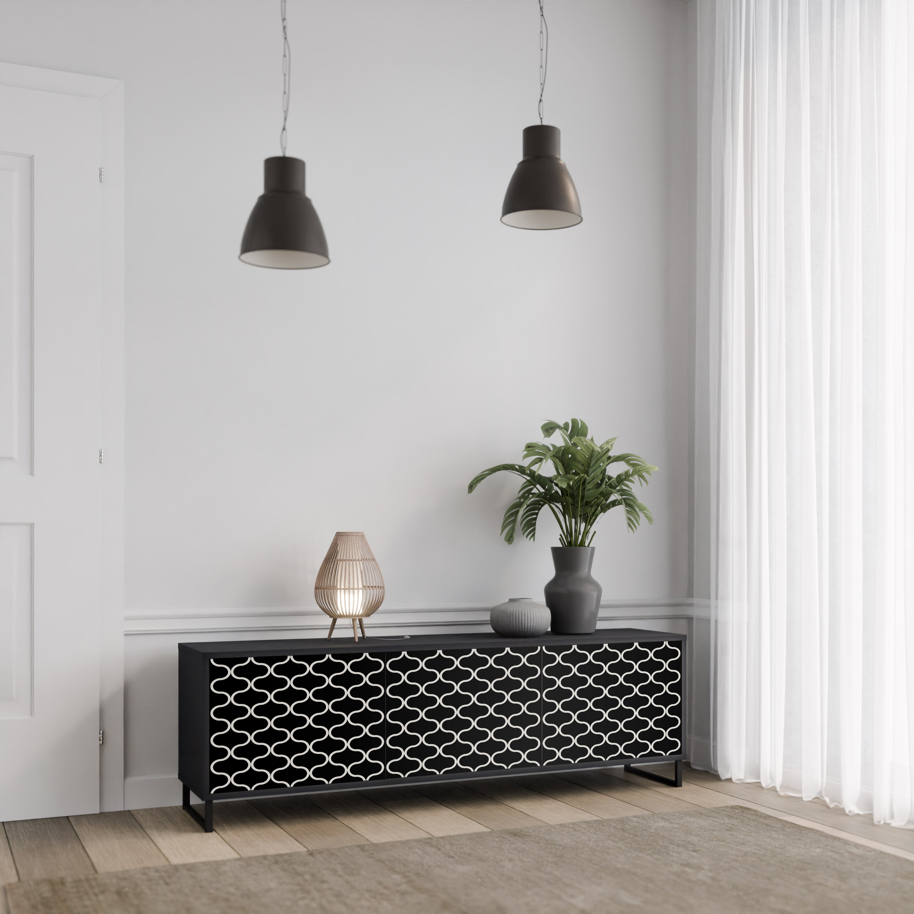Mueble para TV de 3 puertas TESSELATED BLACKNESS con acabado negro