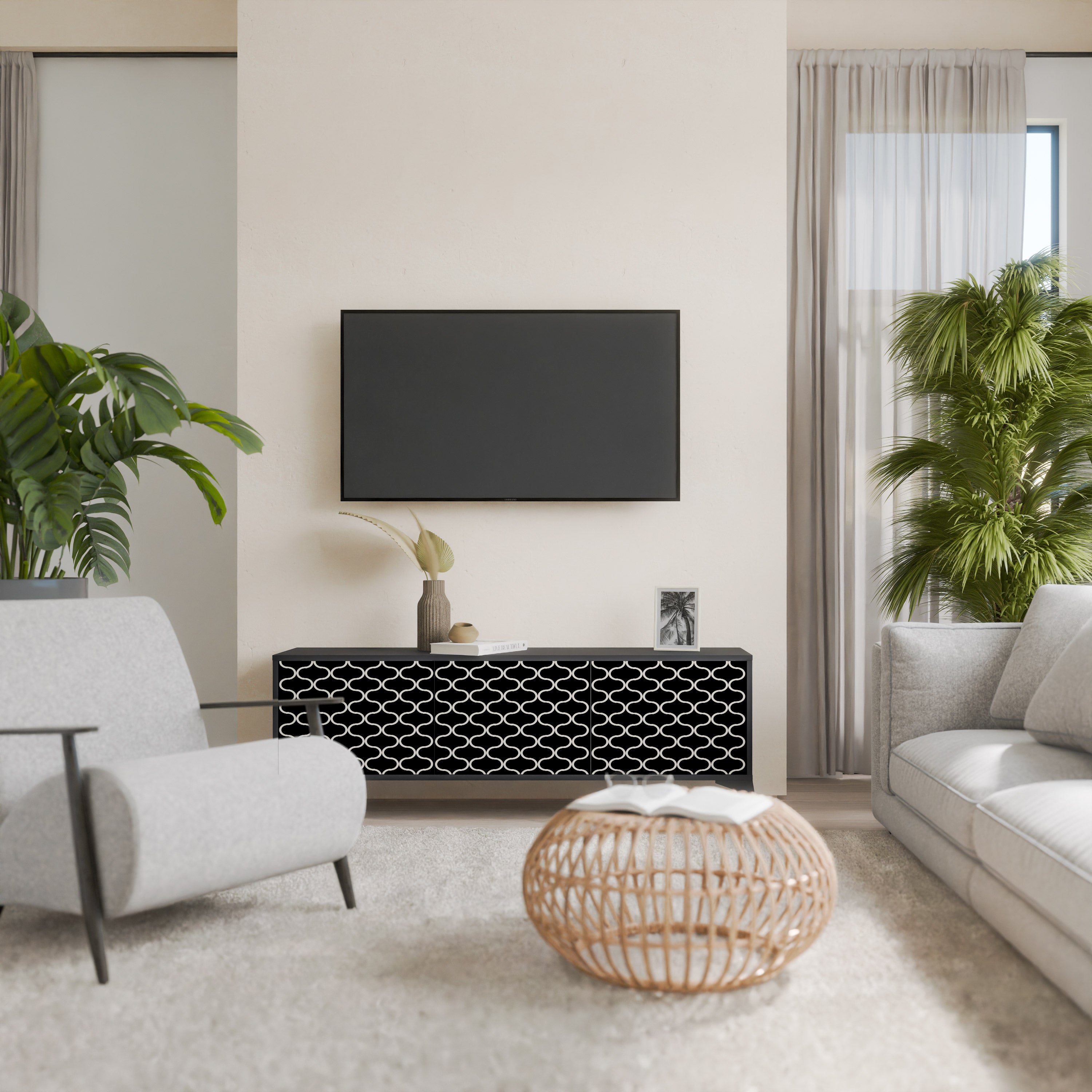 Mueble para TV de 3 puertas TESSELATED BLACKNESS con acabado negro