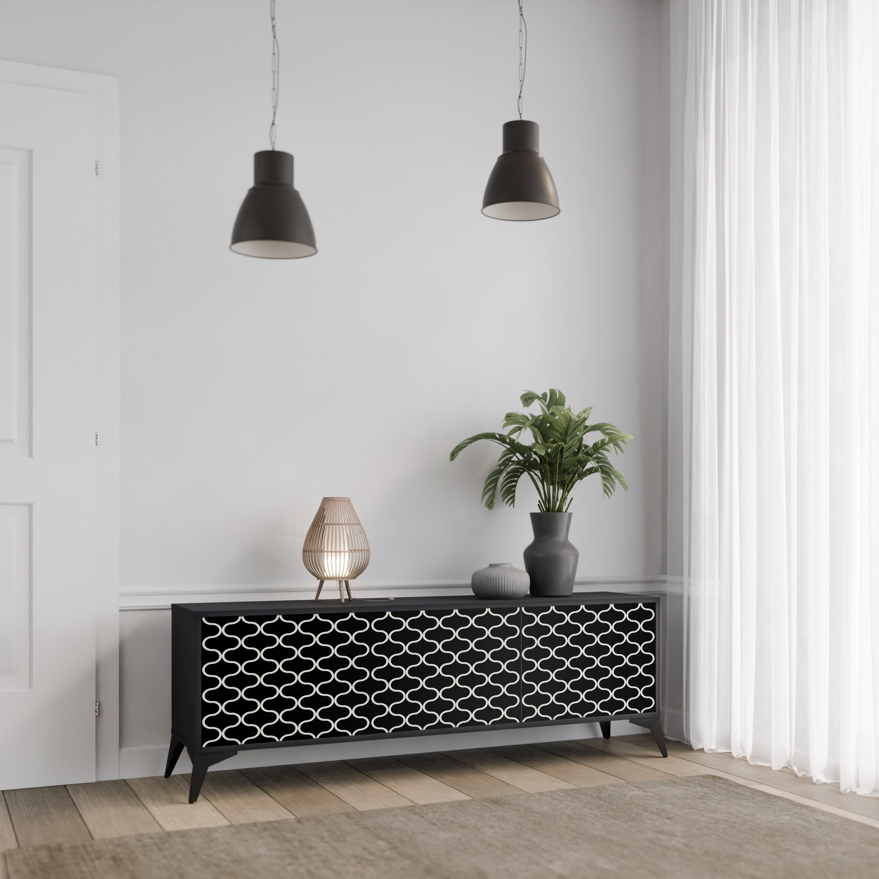 Mueble para TV de 3 puertas TESSELATED BLACKNESS con acabado negro