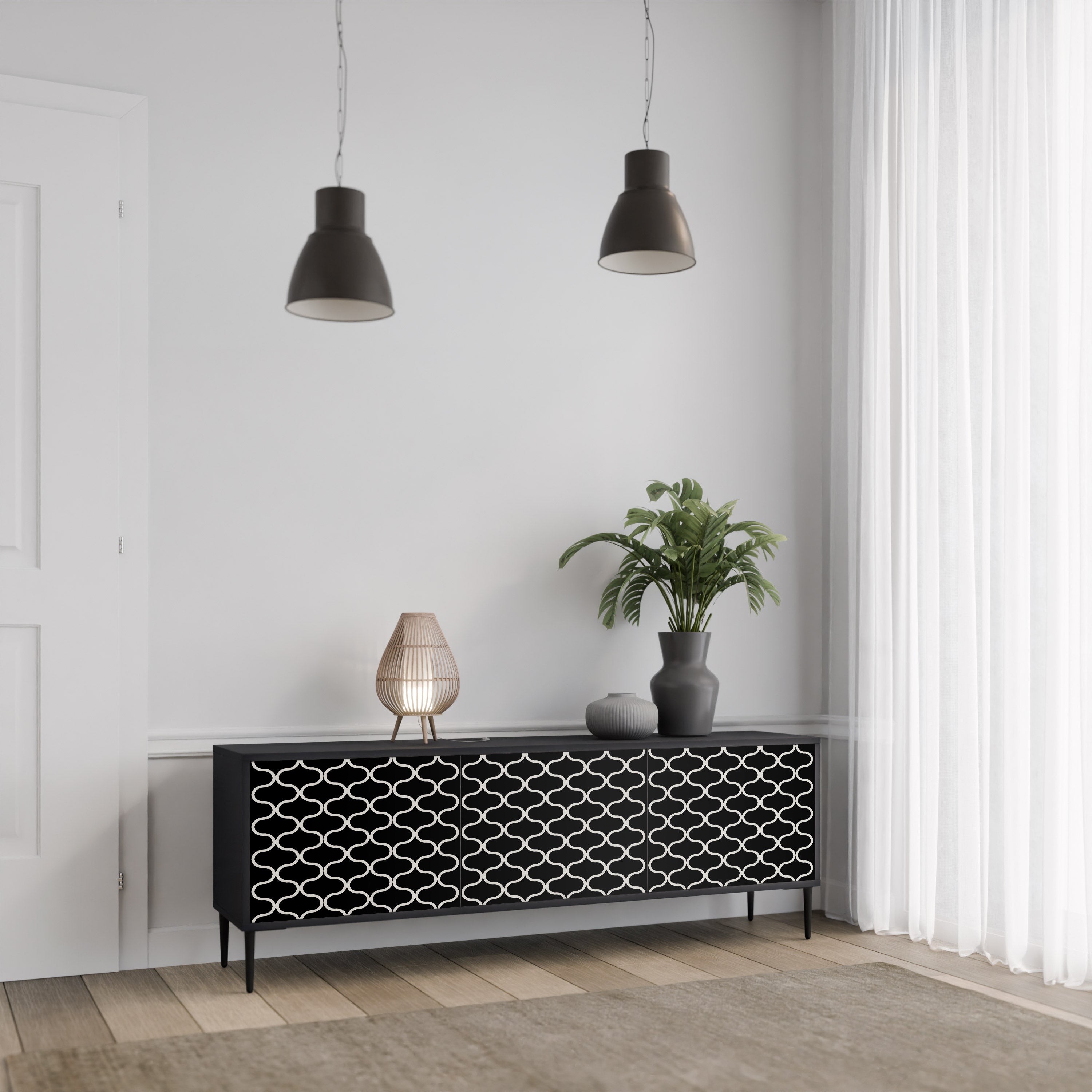 Mueble para TV de 3 puertas TESSELATED BLACKNESS con acabado negro
