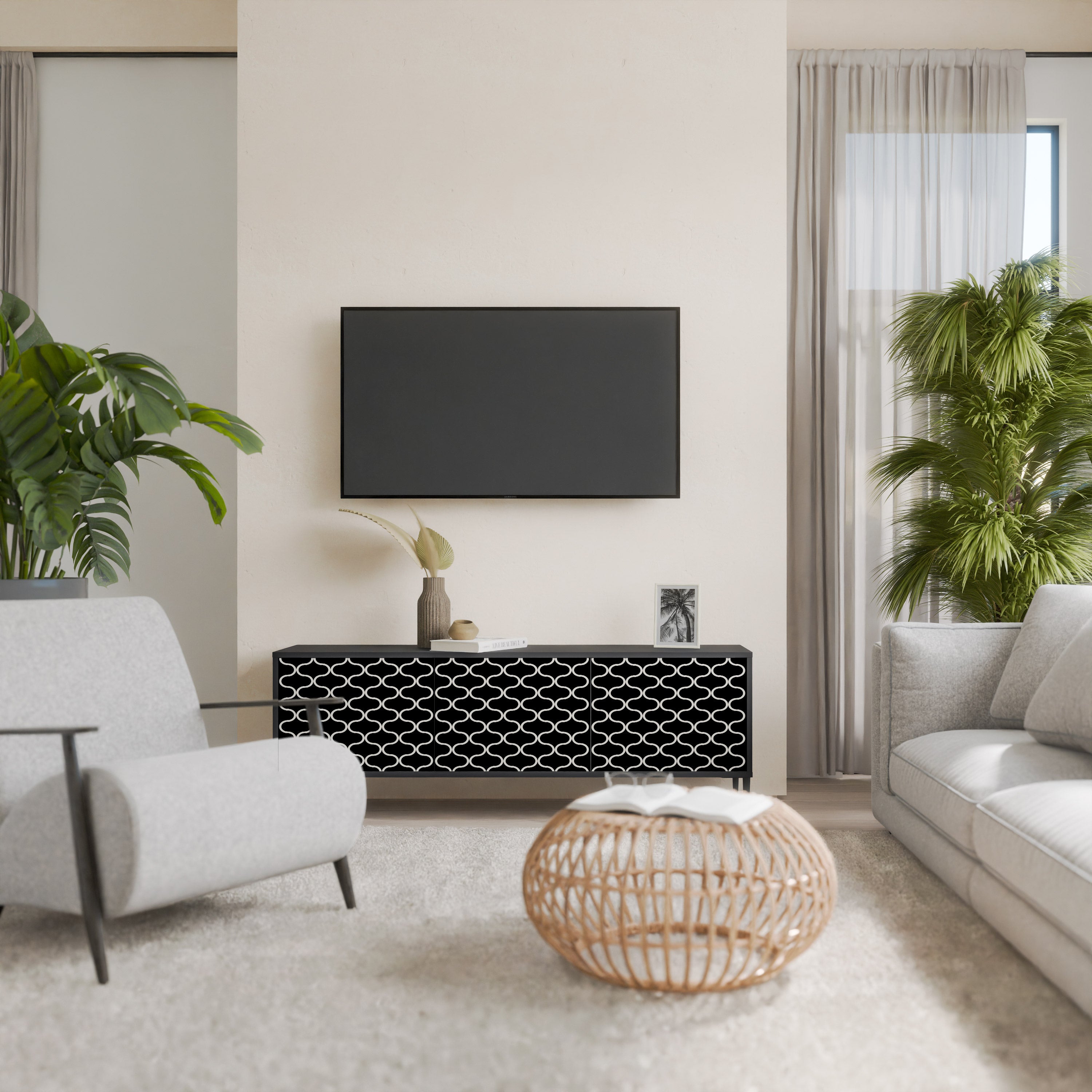 Mueble para TV de 3 puertas TESSELATED BLACKNESS con acabado negro