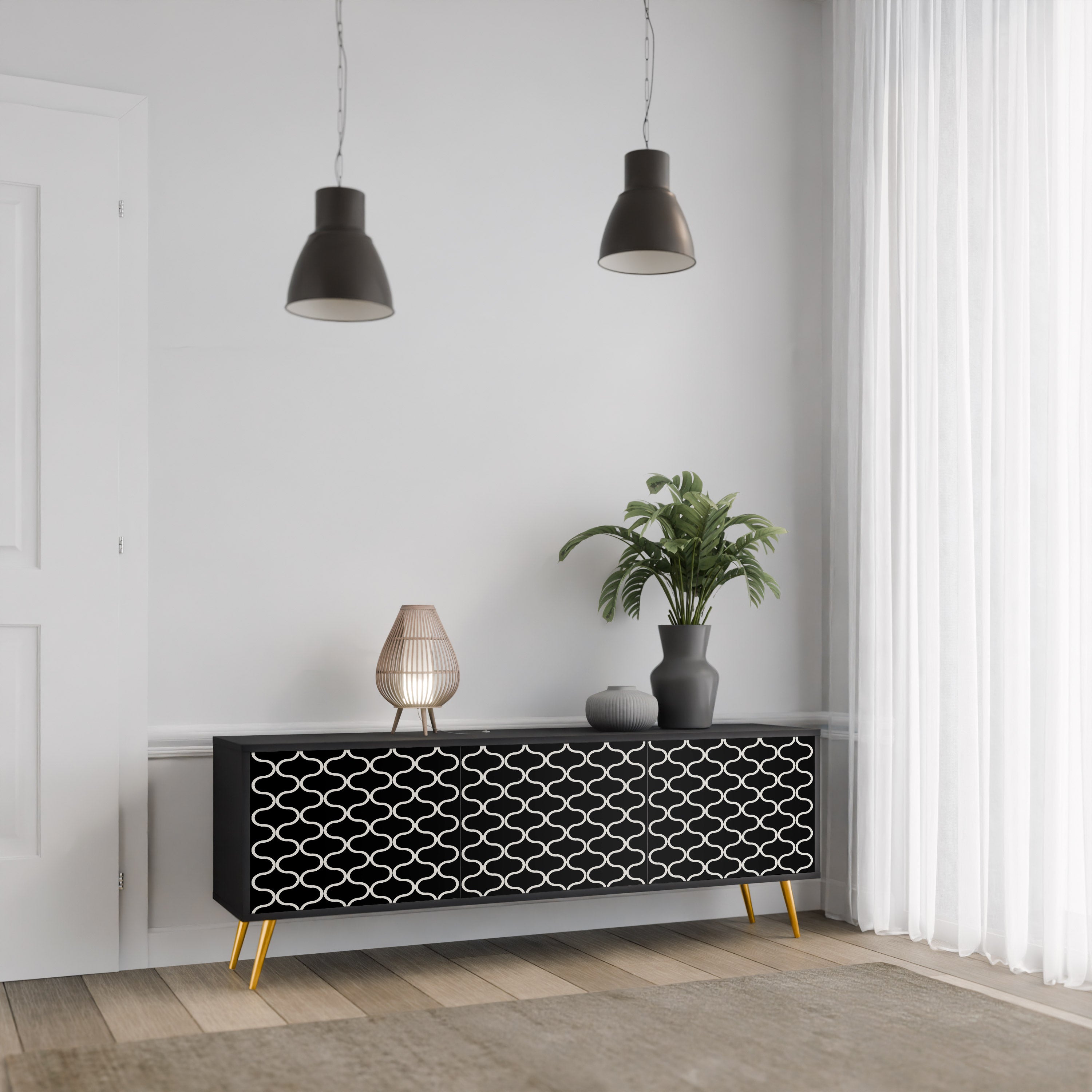 Mueble para TV de 3 puertas TESSELATED BLACKNESS con acabado negro