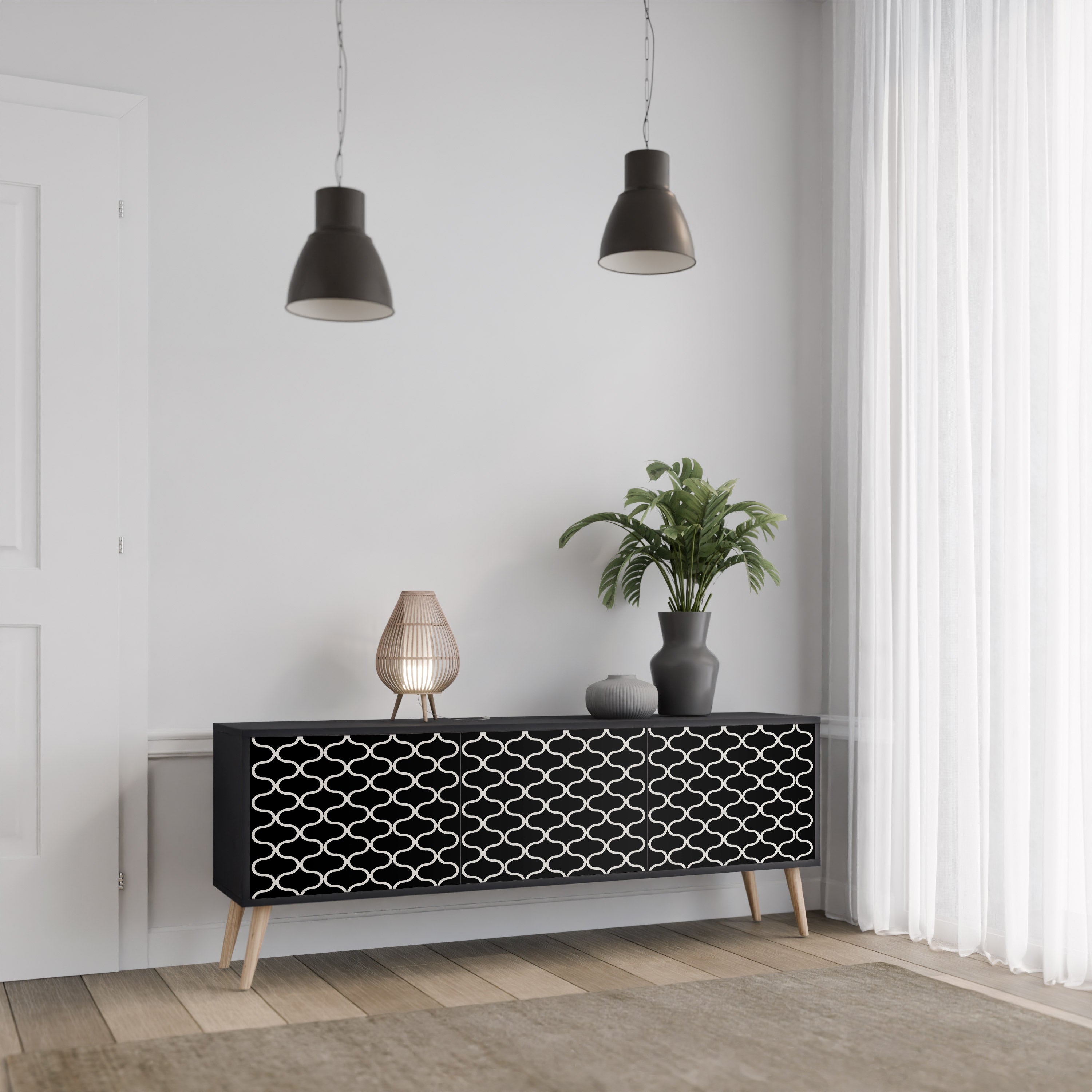 Mueble para TV de 3 puertas TESSELATED BLACKNESS con acabado negro
