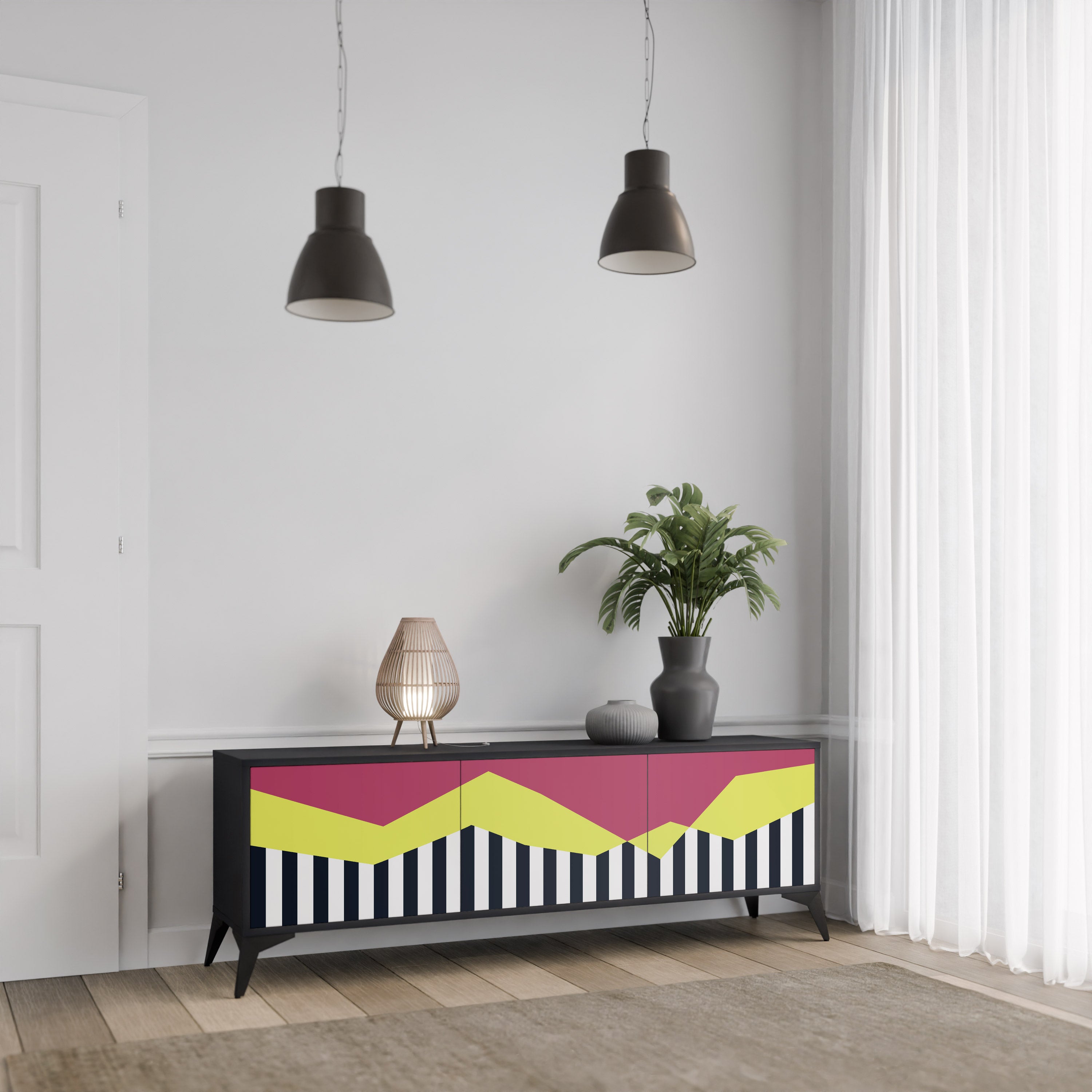 Mueble de TV PIANO FANTASY de 3 puertas con acabado negro