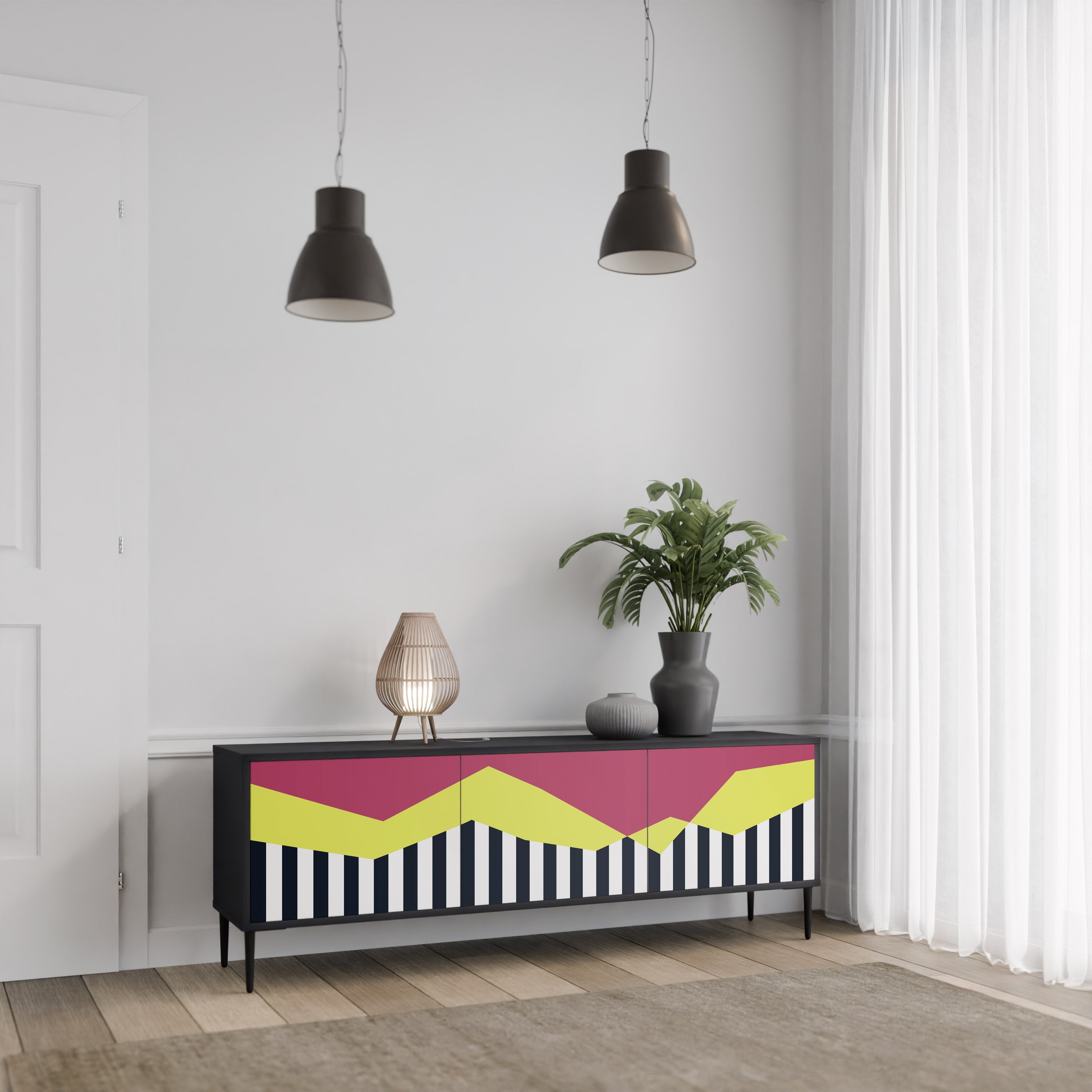 Mueble de TV PIANO FANTASY de 3 puertas con acabado negro