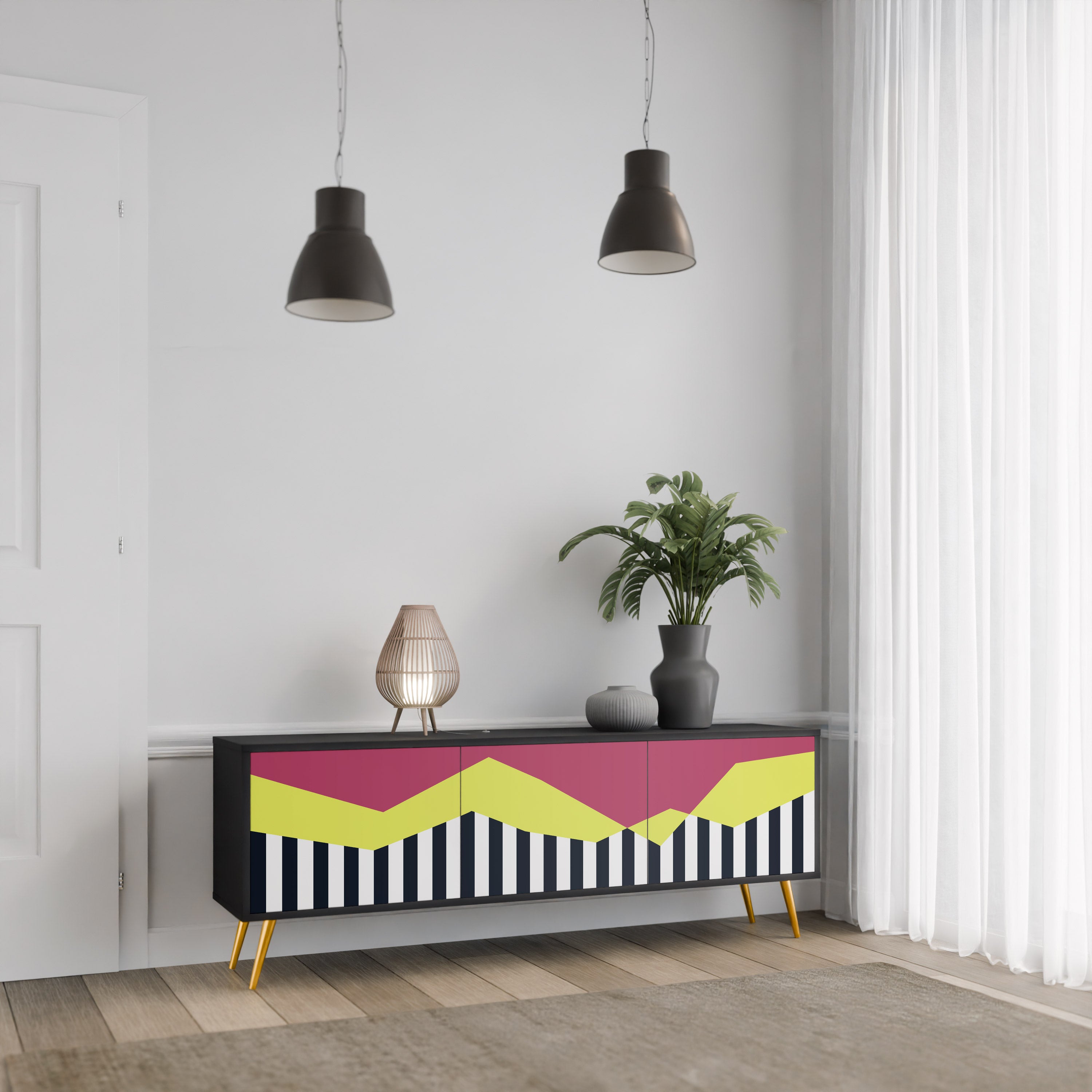 Mueble de TV PIANO FANTASY de 3 puertas con acabado negro