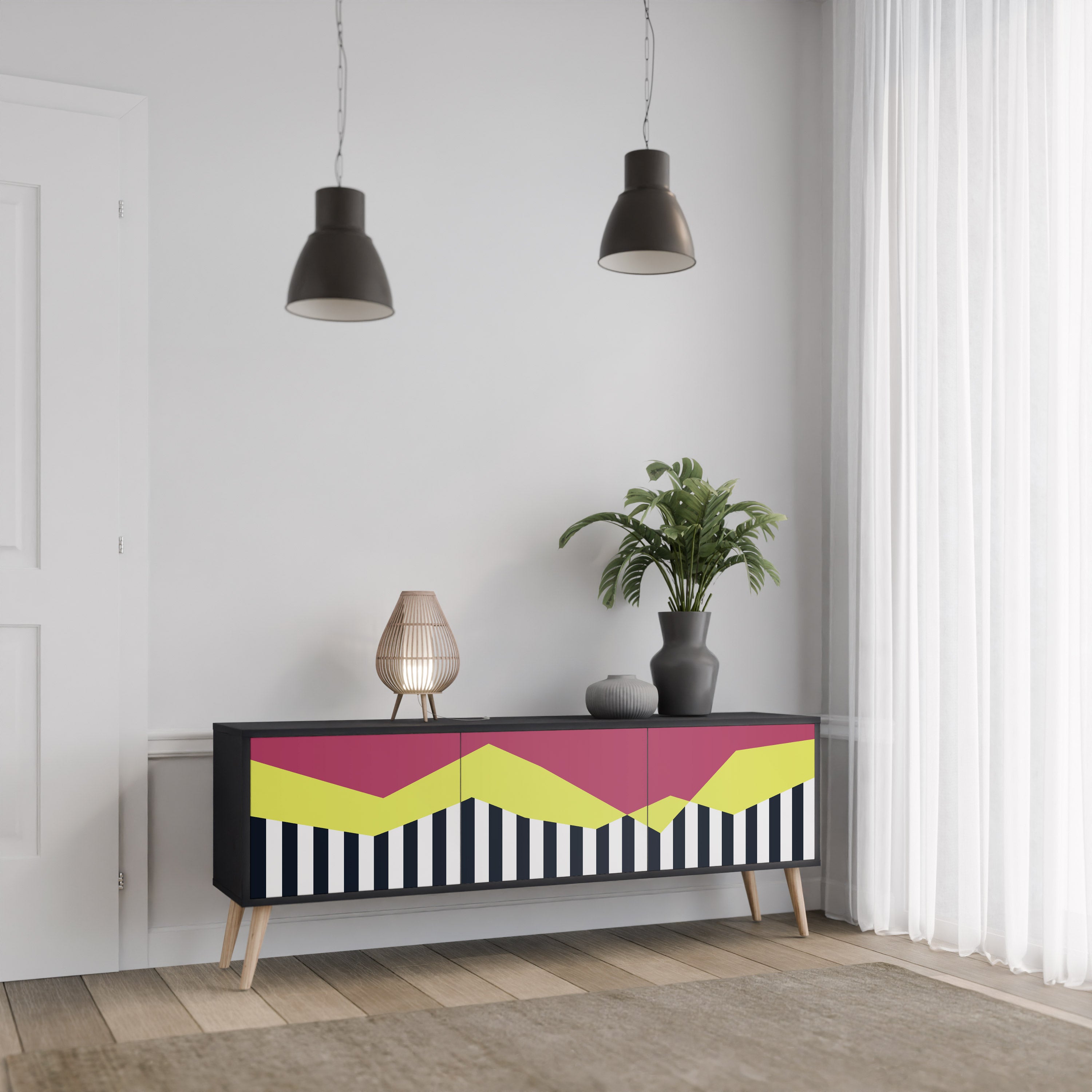 Mueble de TV PIANO FANTASY de 3 puertas con acabado negro