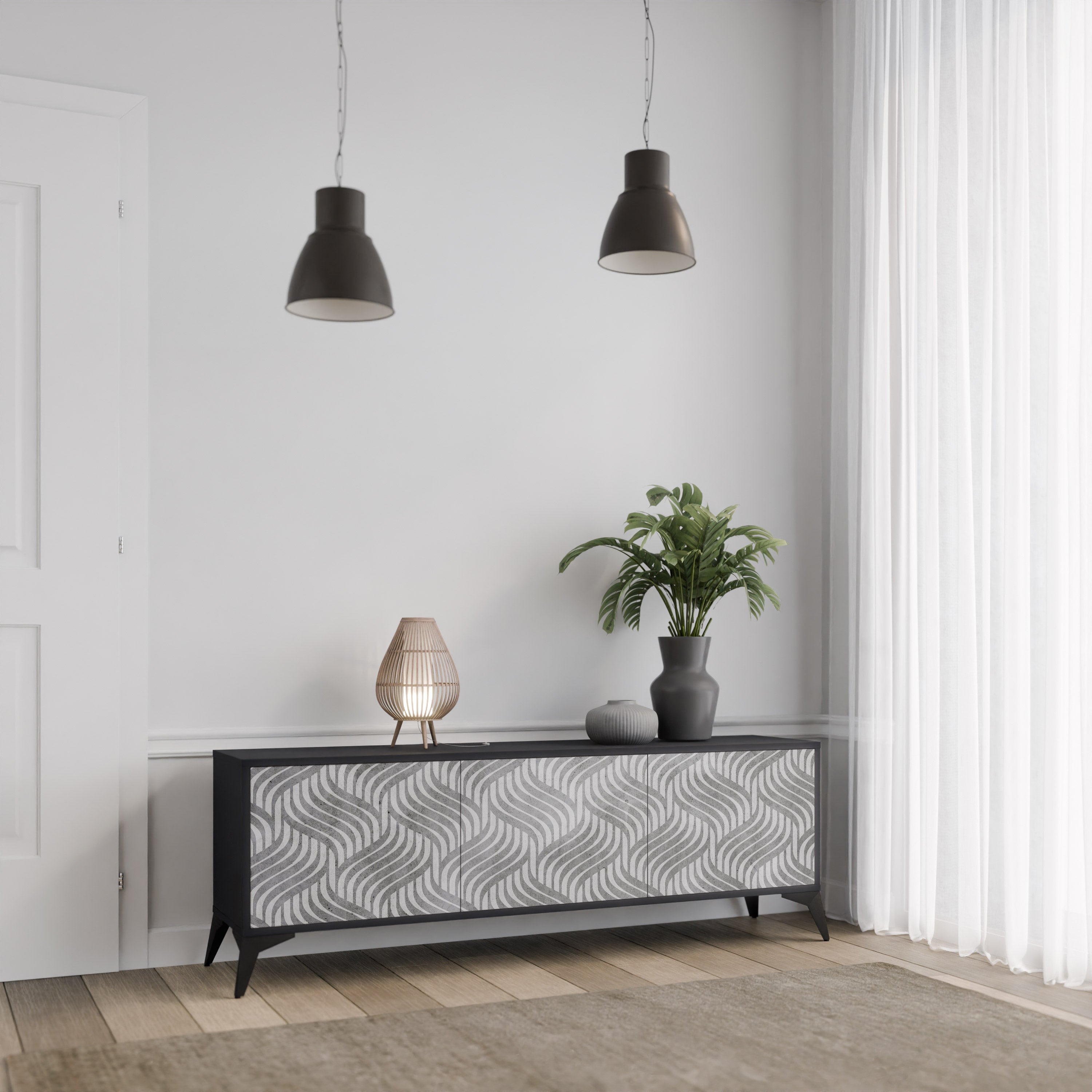 Mueble de TV de 3 puertas CONCRETE MOVEMENT con acabado negro