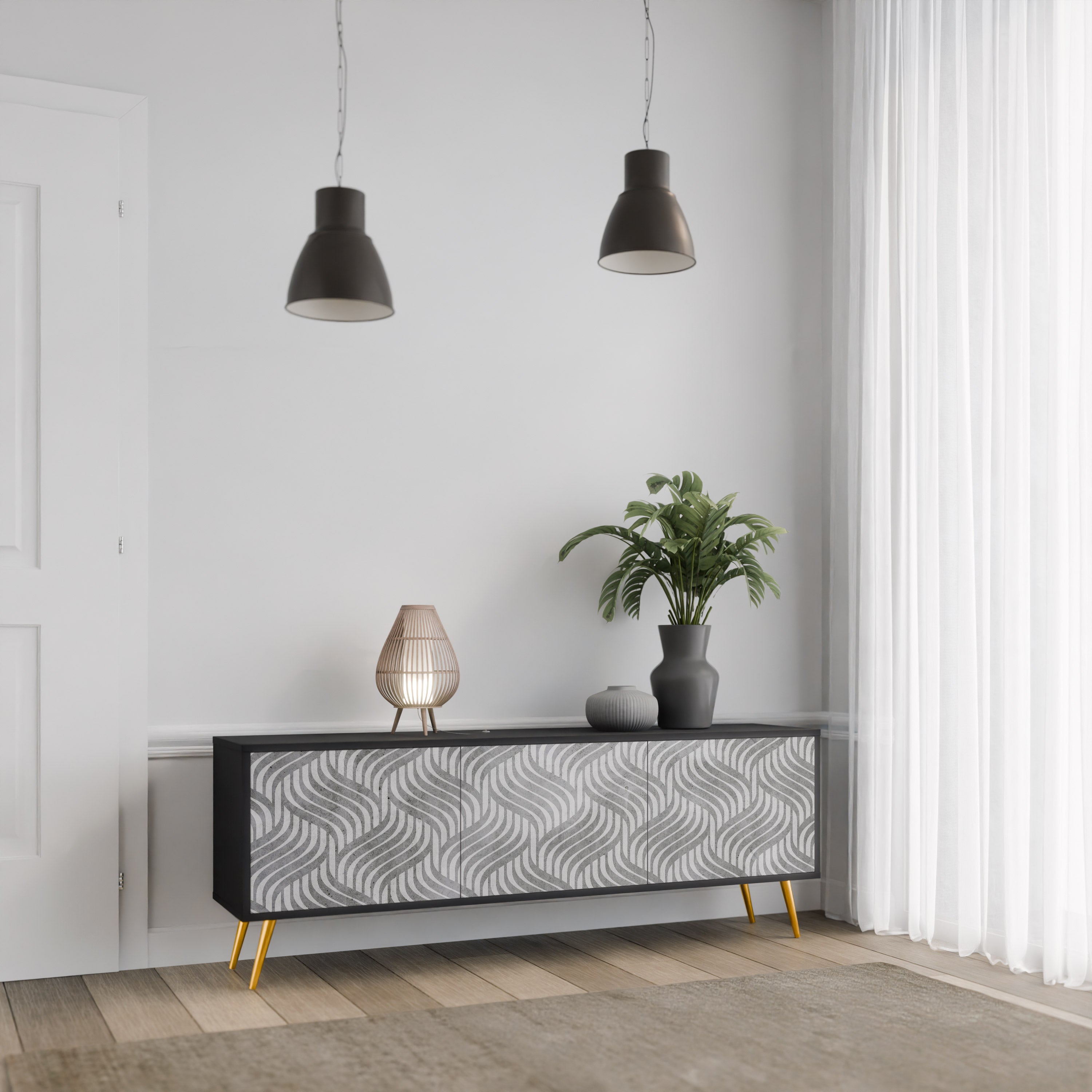 Mueble de TV de 3 puertas CONCRETE MOVEMENT con acabado negro