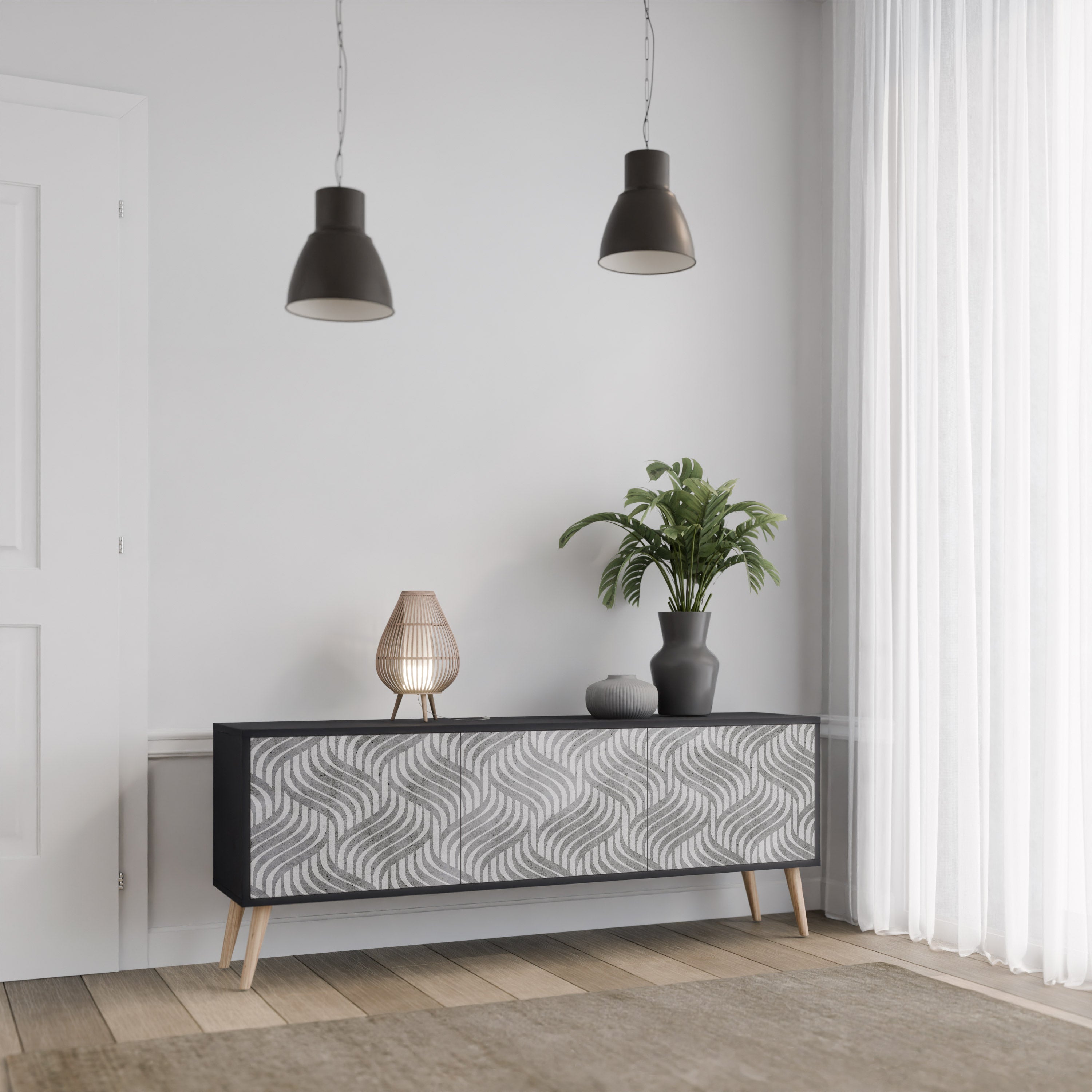 Mueble de TV de 3 puertas CONCRETE MOVEMENT con acabado negro