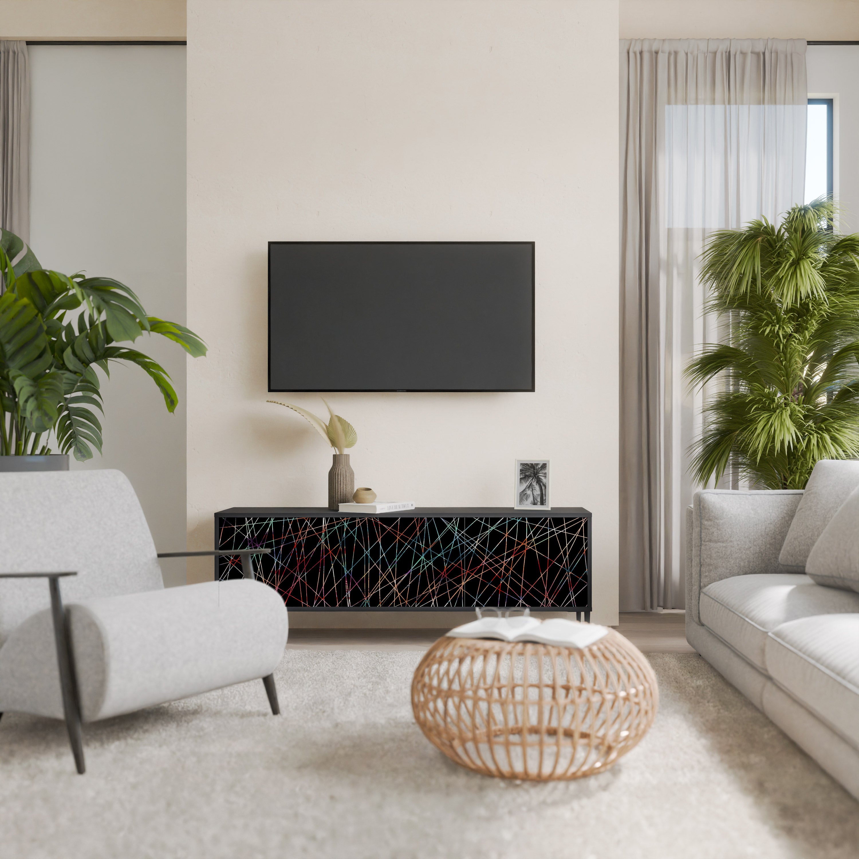 Mueble de TV de 3 puertas LUMINOUS SNARE con acabado negro