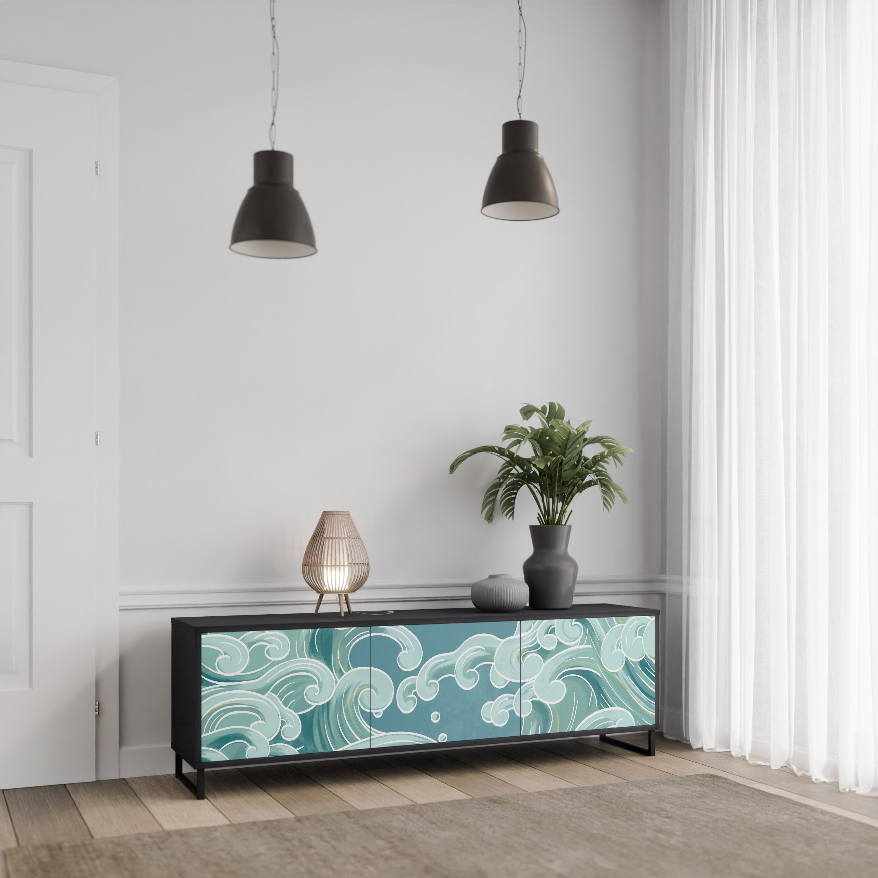 Mueble de TV ASIAN SWAY de 3 puertas con acabado negro