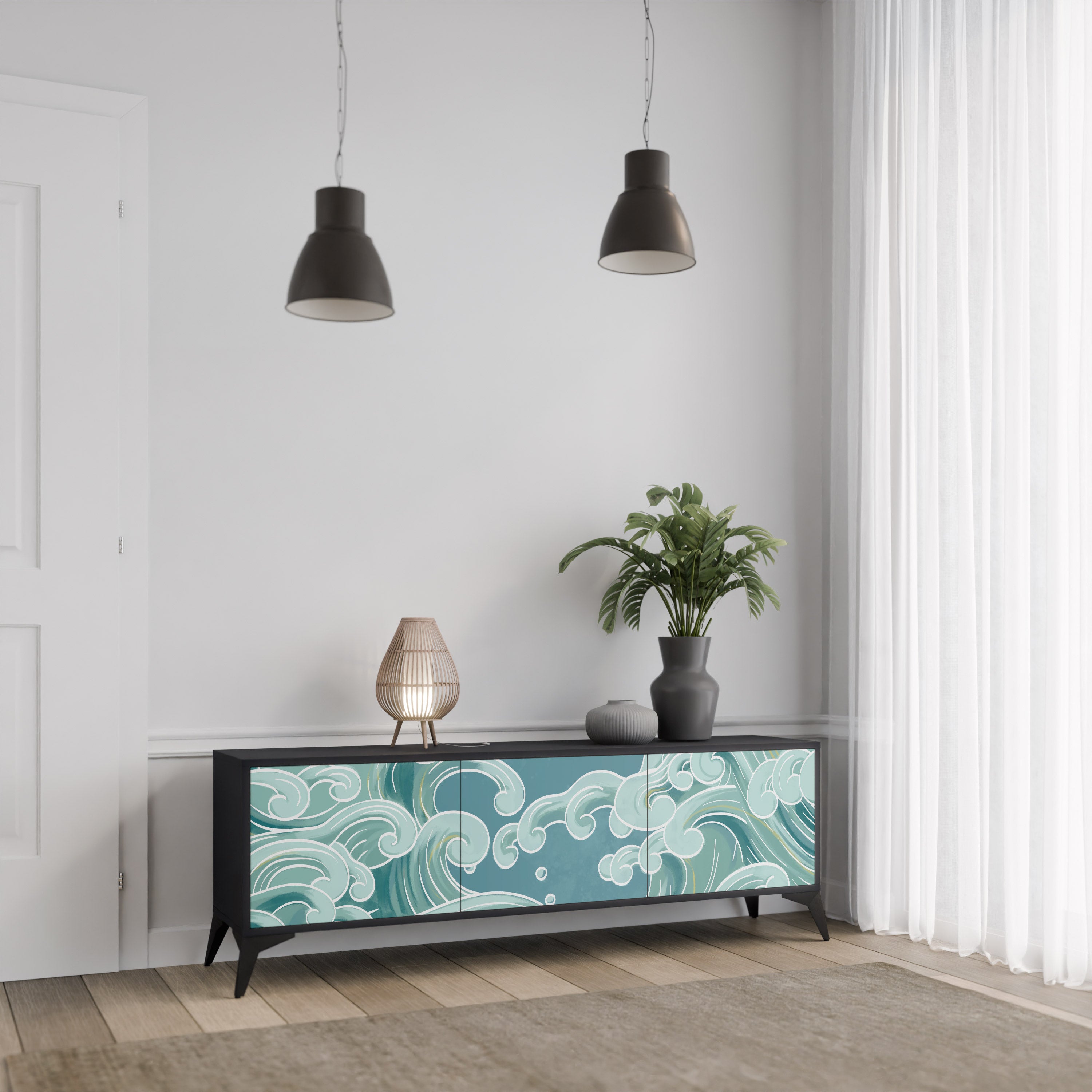 Mueble de TV ASIAN SWAY de 3 puertas con acabado negro