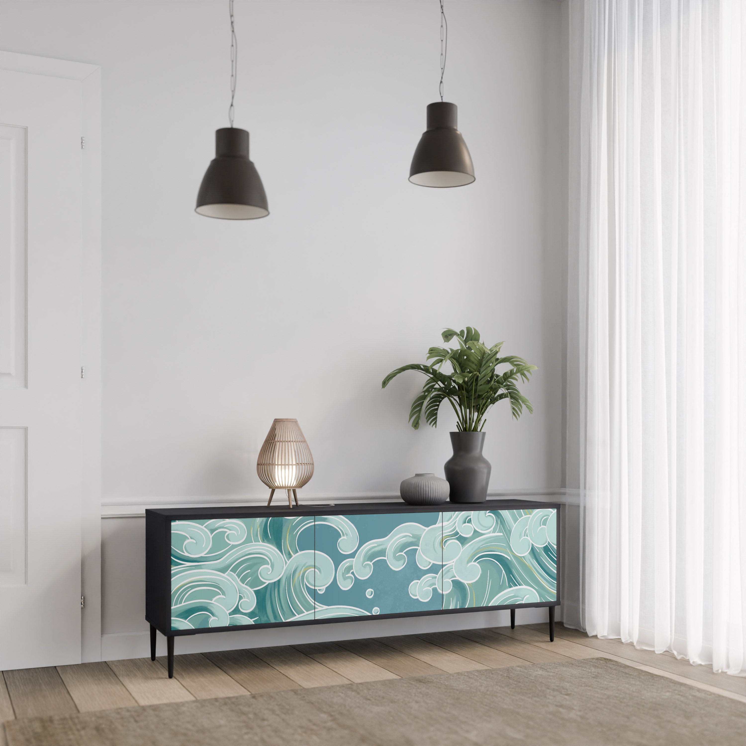 Mueble de TV ASIAN SWAY de 3 puertas con acabado negro