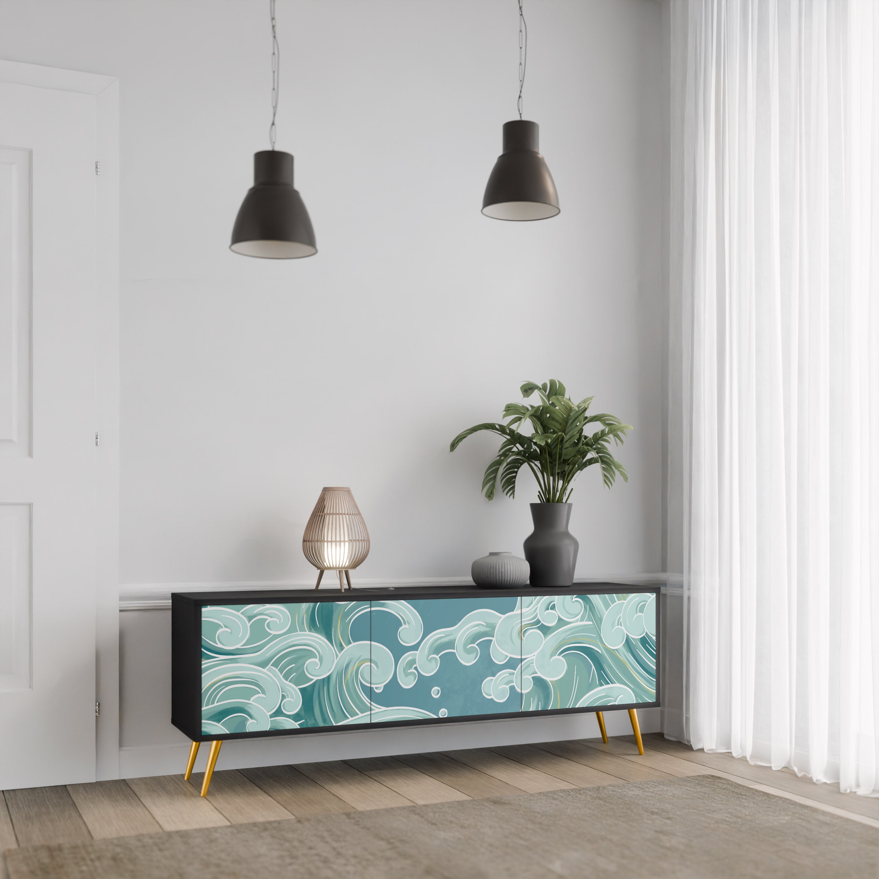 Mueble de TV ASIAN SWAY de 3 puertas con acabado negro