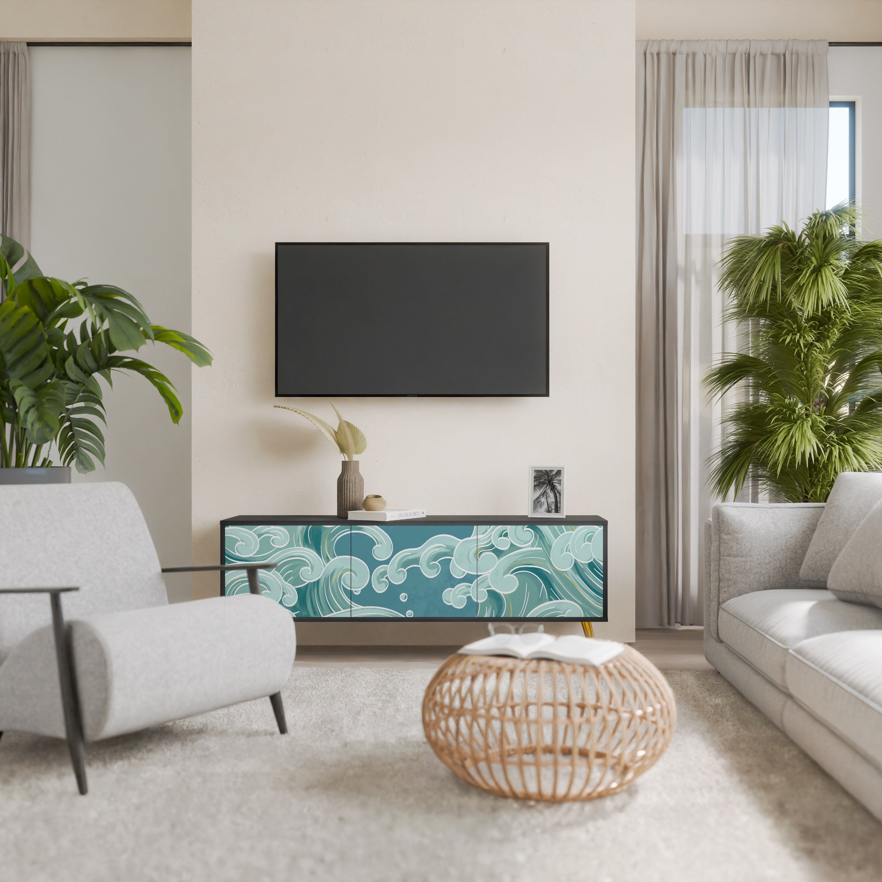 Mueble de TV ASIAN SWAY de 3 puertas con acabado negro