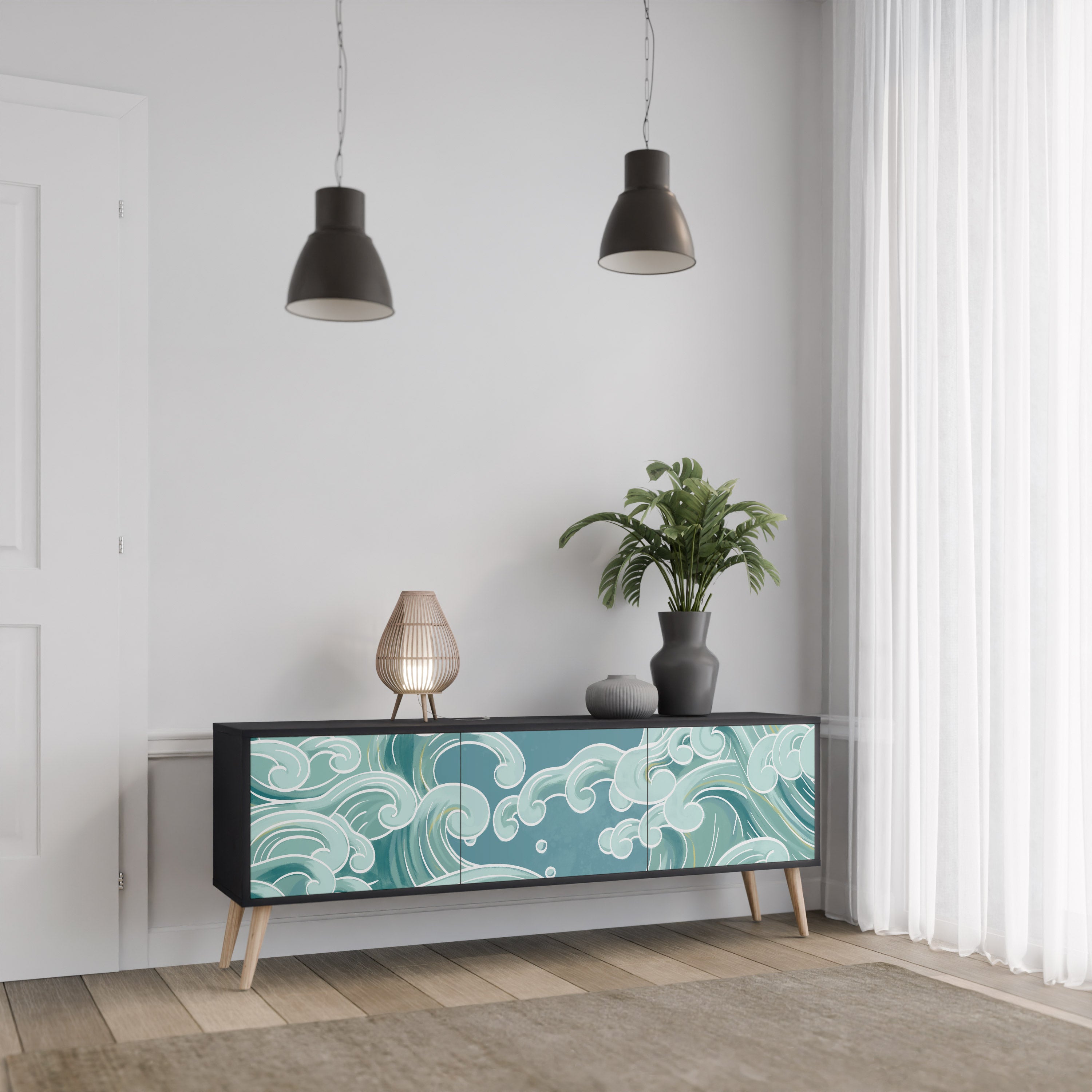 Mueble de TV ASIAN SWAY de 3 puertas con acabado negro