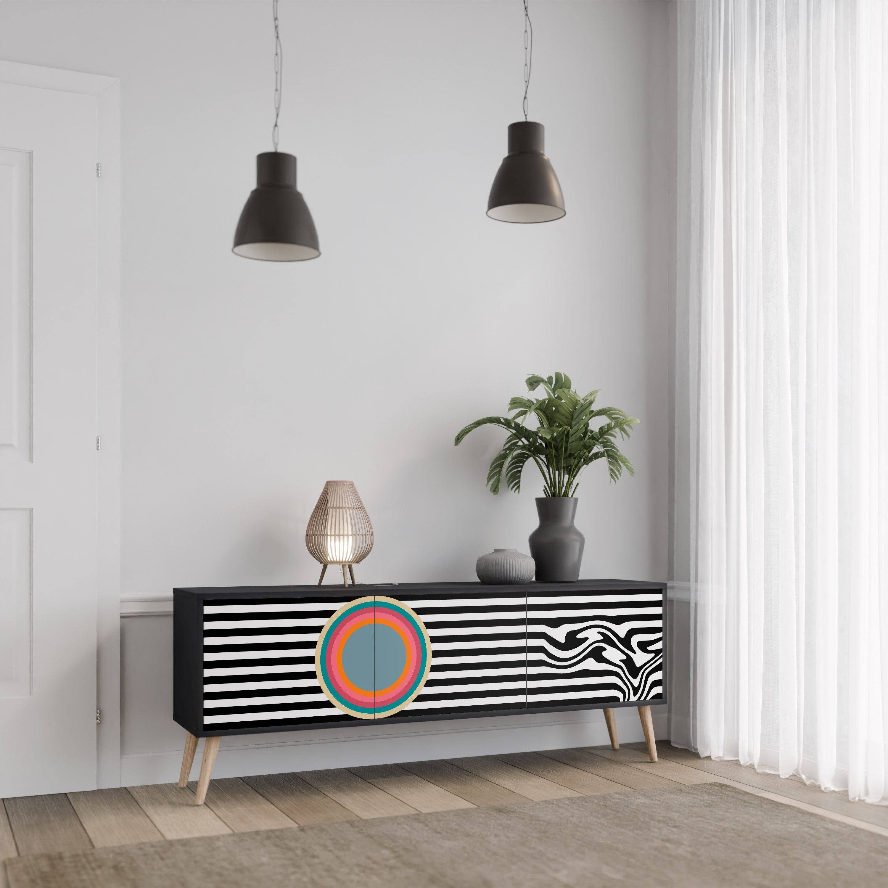 Mueble de TV de 3 puertas SPECTRA SHOWCASE con acabado negro