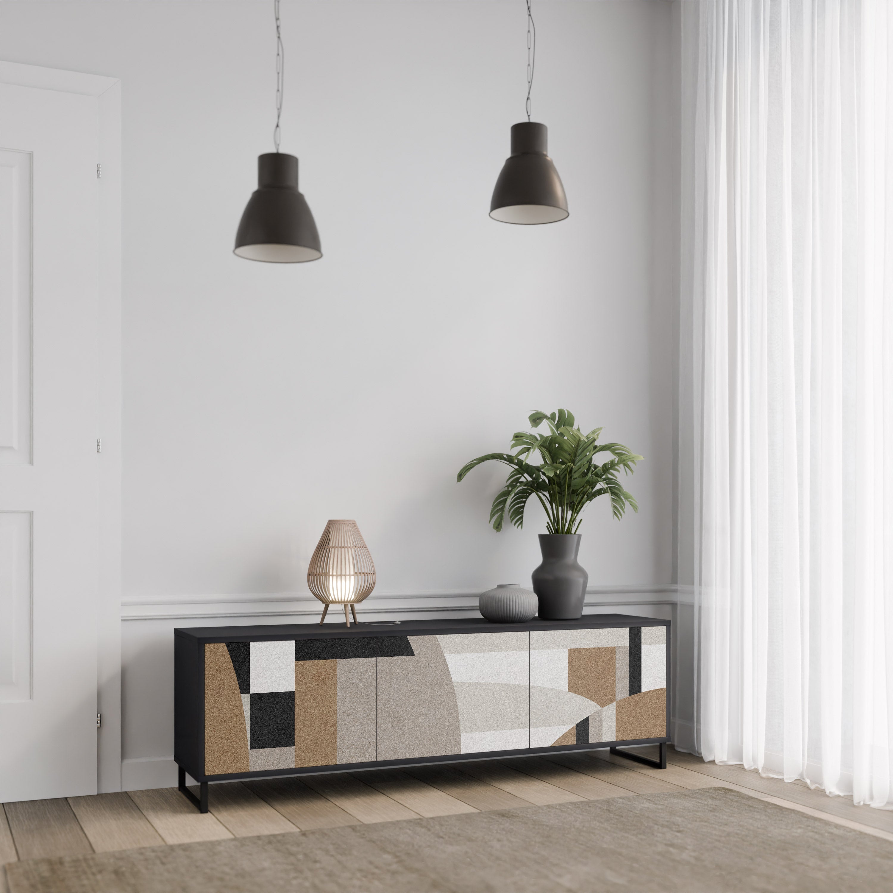 Mueble de TV DELICATE MEMENTO de 3 puertas con acabado negro