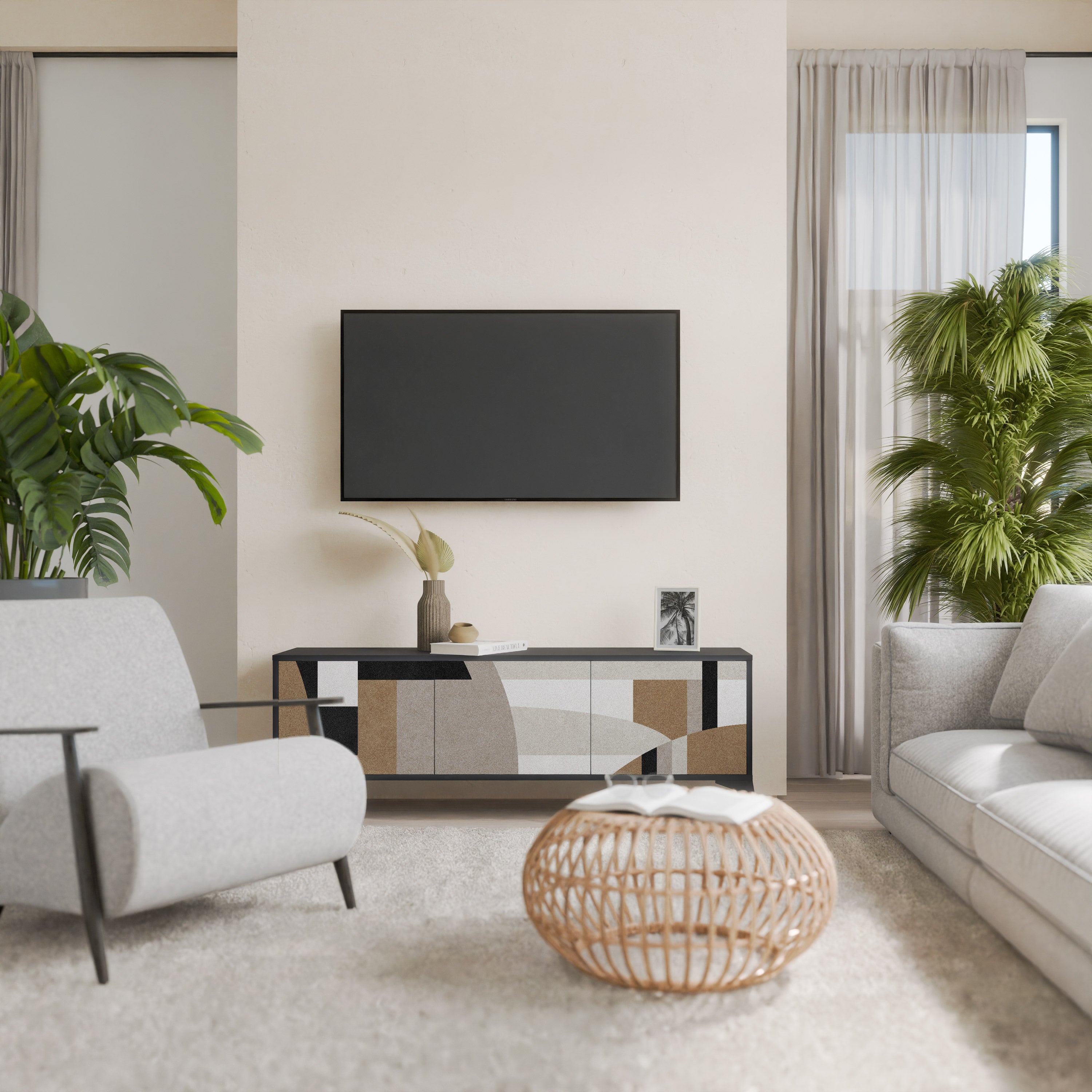 Mueble de TV DELICATE MEMENTO de 3 puertas con acabado negro