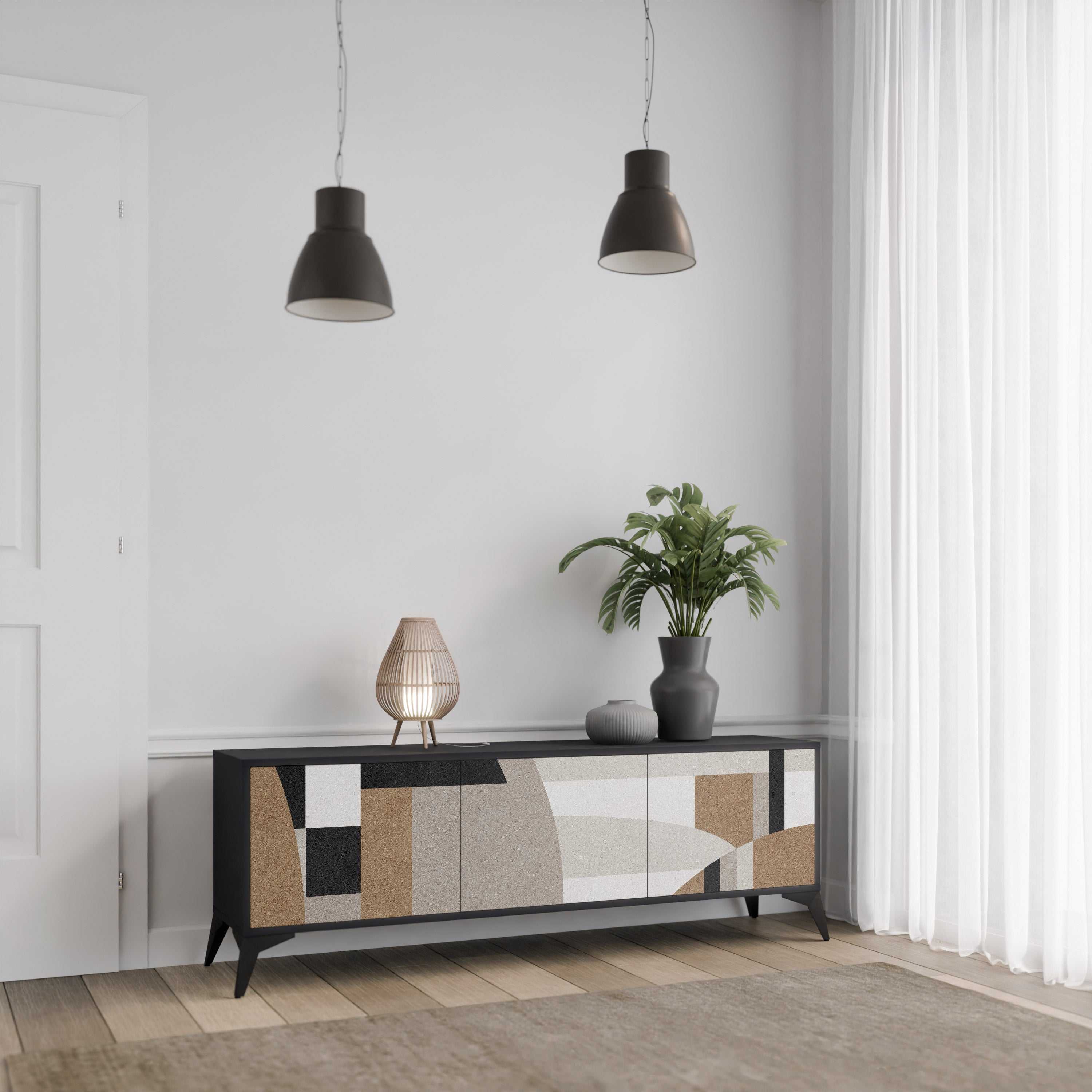 Mueble de TV DELICATE MEMENTO de 3 puertas con acabado negro