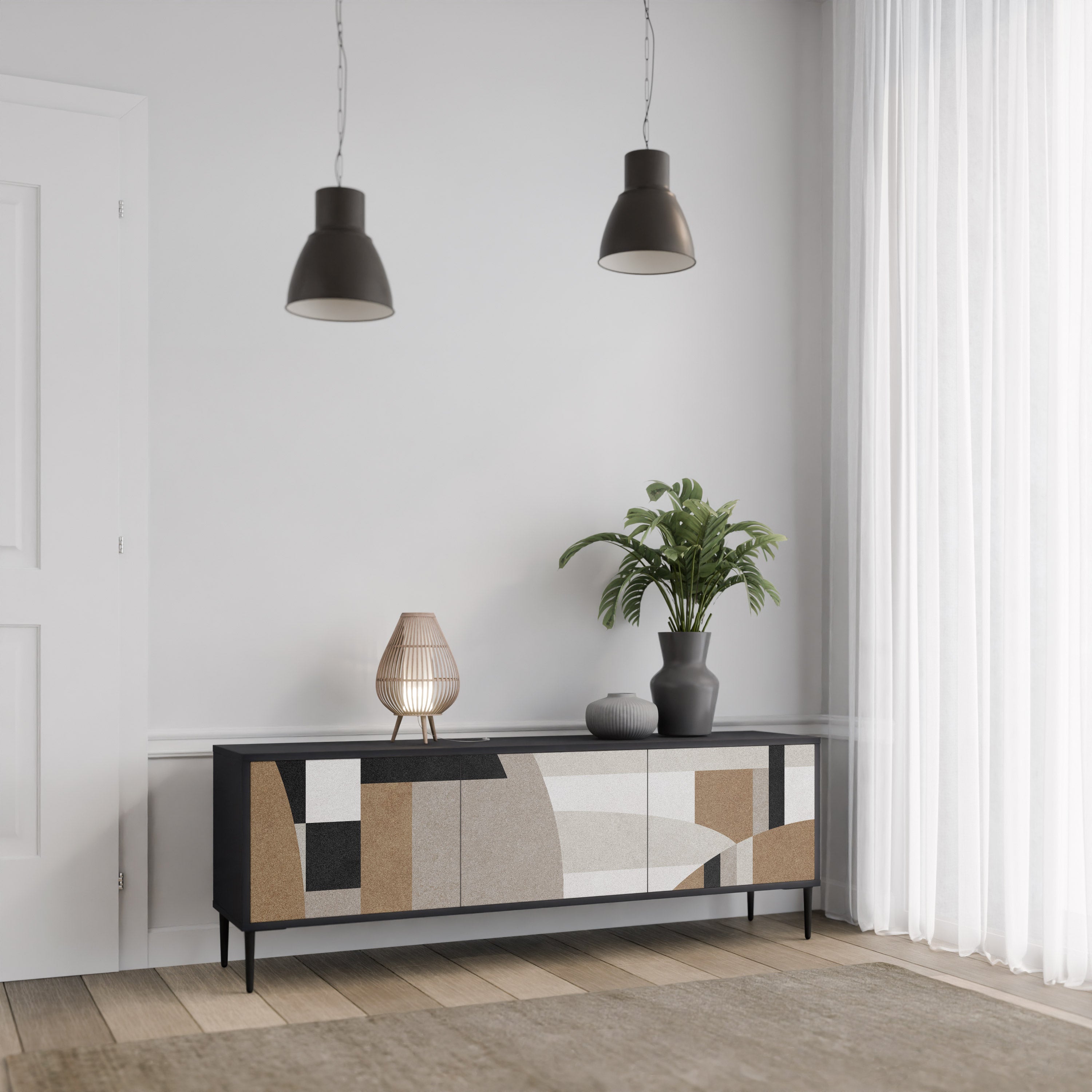 Mueble de TV DELICATE MEMENTO de 3 puertas con acabado negro