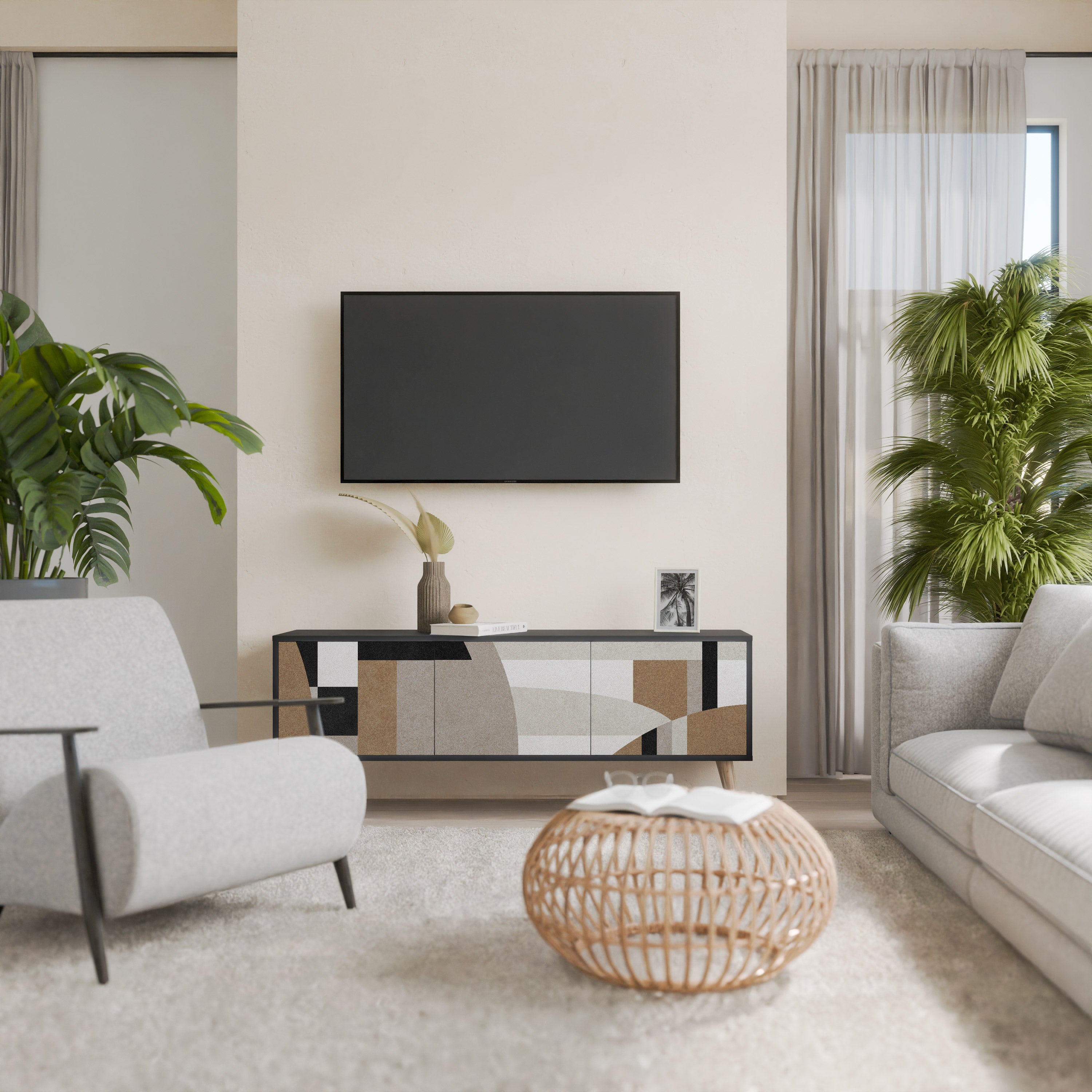 Mueble de TV DELICATE MEMENTO de 3 puertas con acabado negro