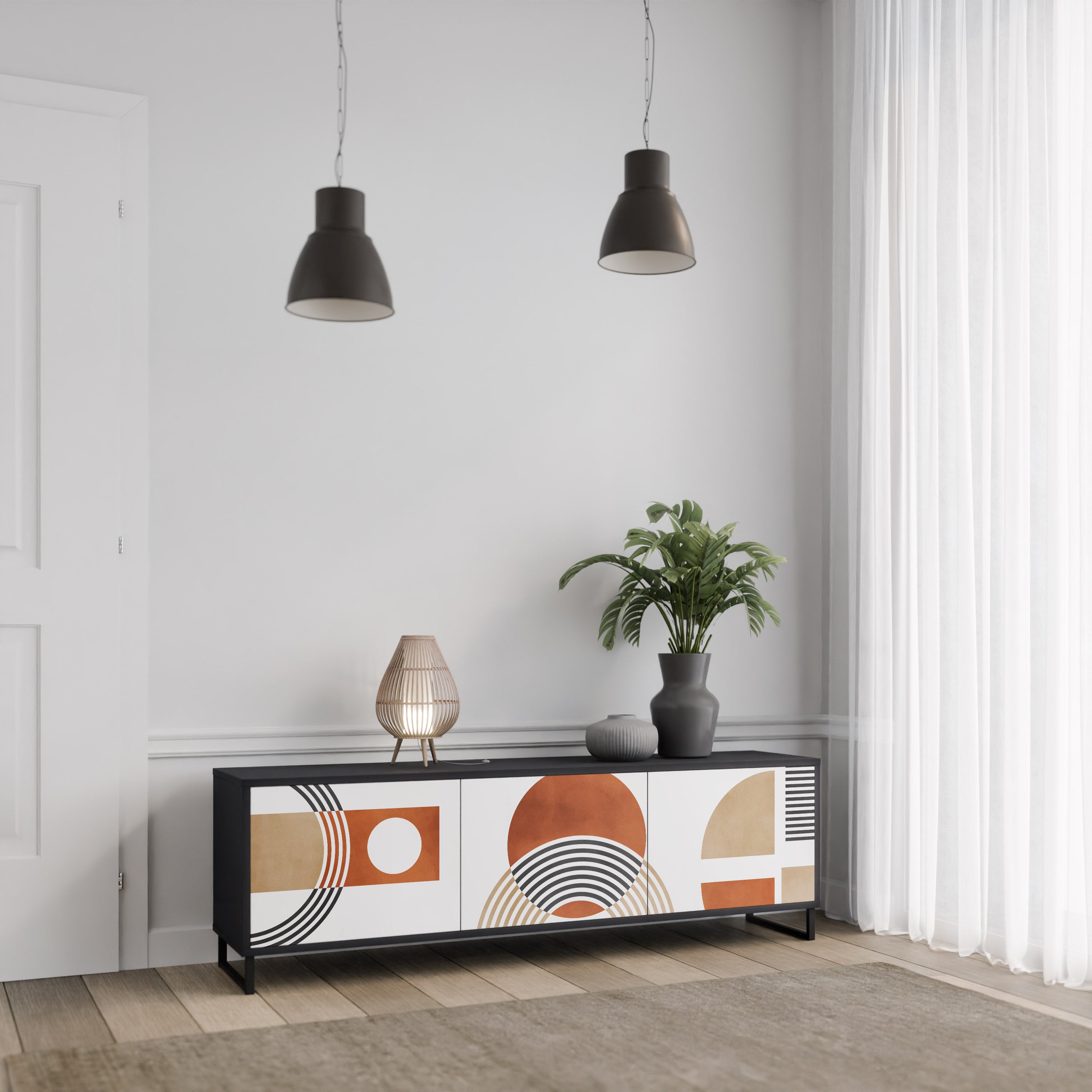 Mueble de TV de 3 puertas CIRCLE RHYTM con acabado negro