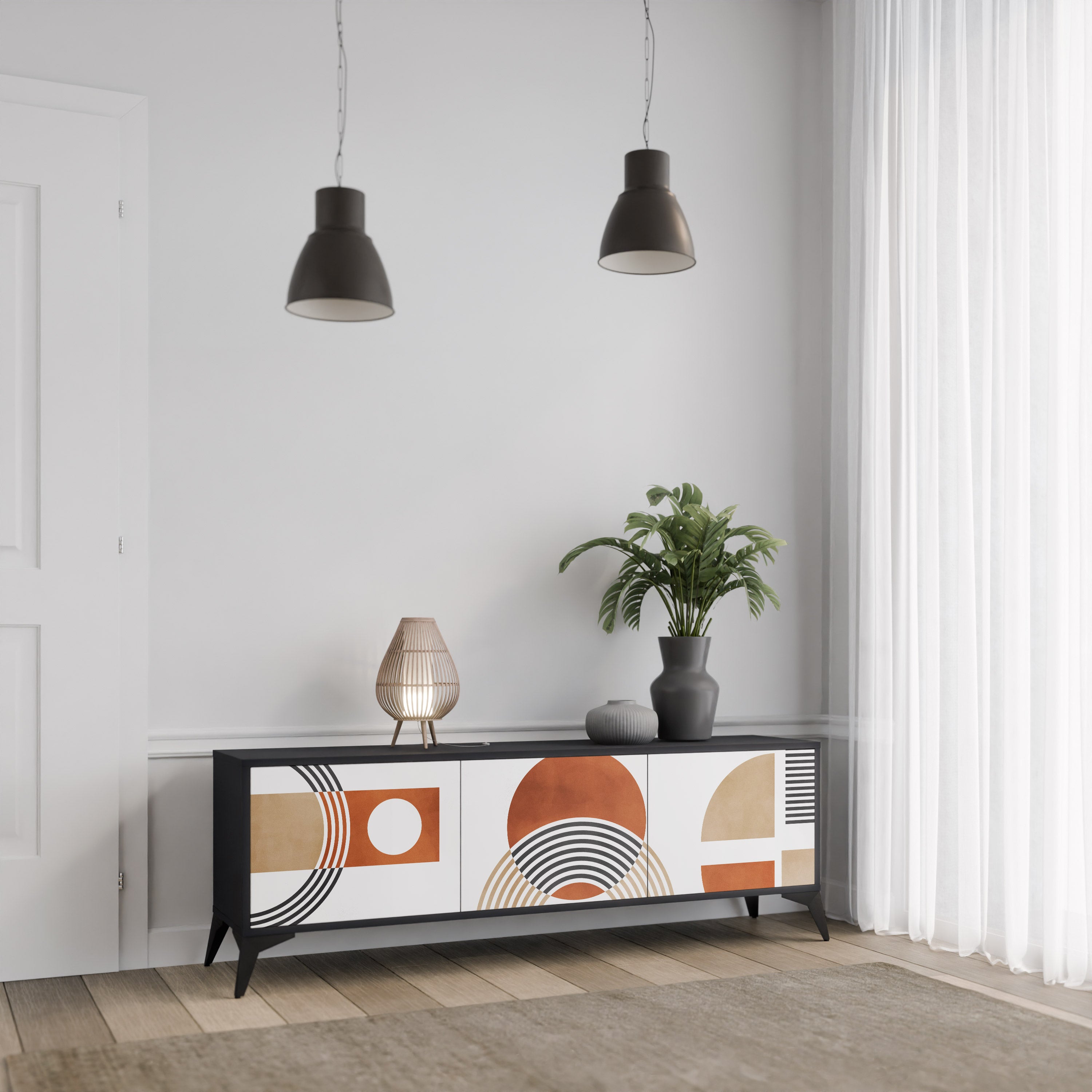 Mueble de TV de 3 puertas CIRCLE RHYTM con acabado negro