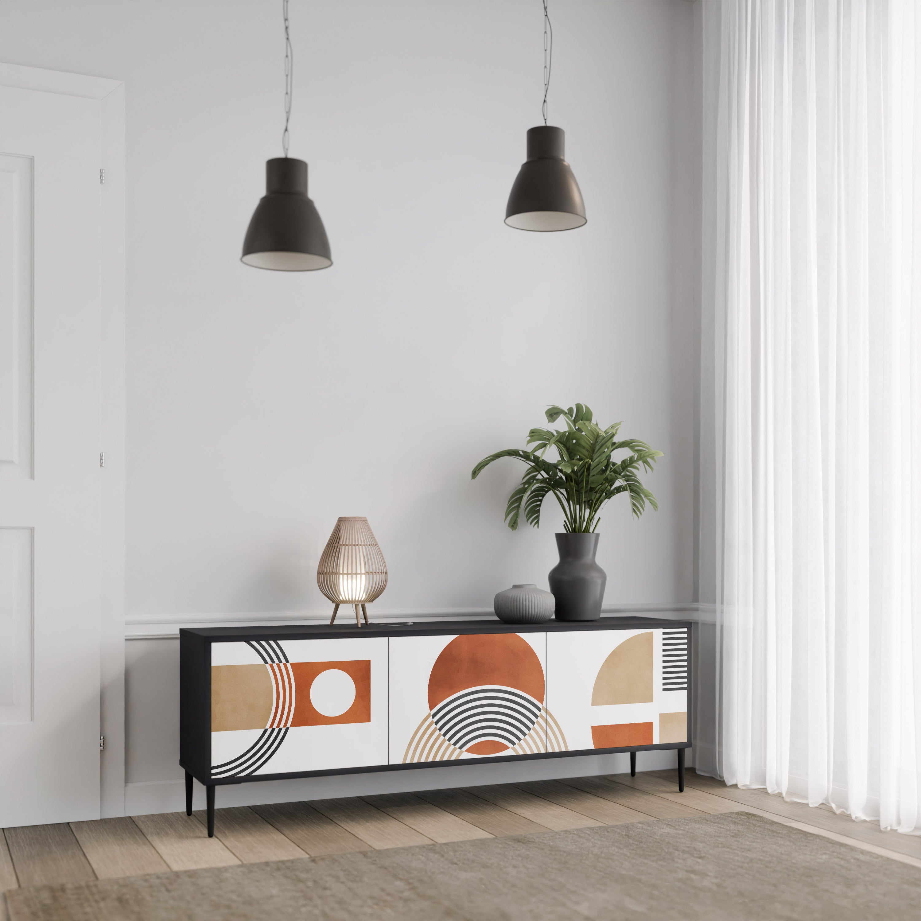 Mueble de TV de 3 puertas CIRCLE RHYTM con acabado negro