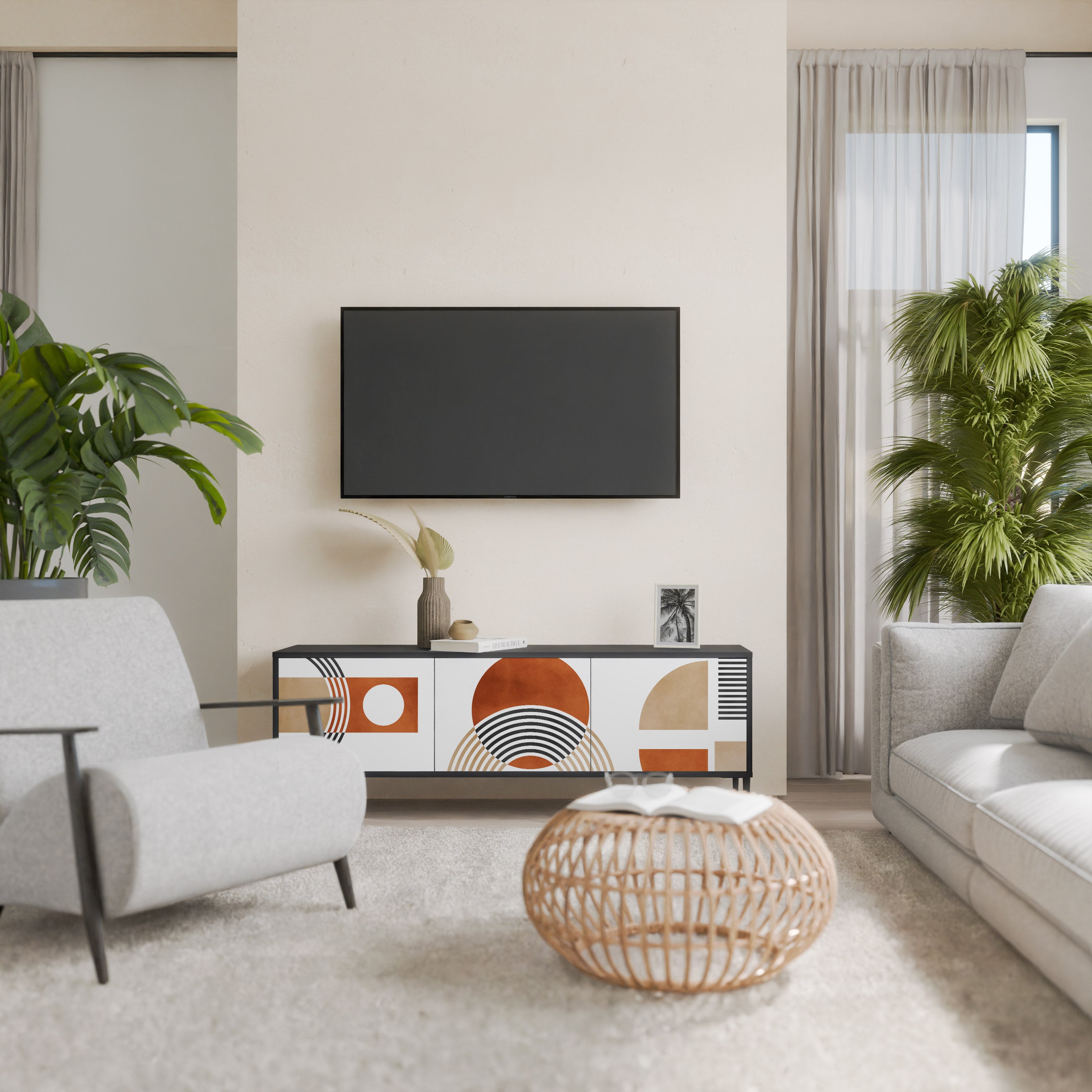 Mueble de TV de 3 puertas CIRCLE RHYTM con acabado negro