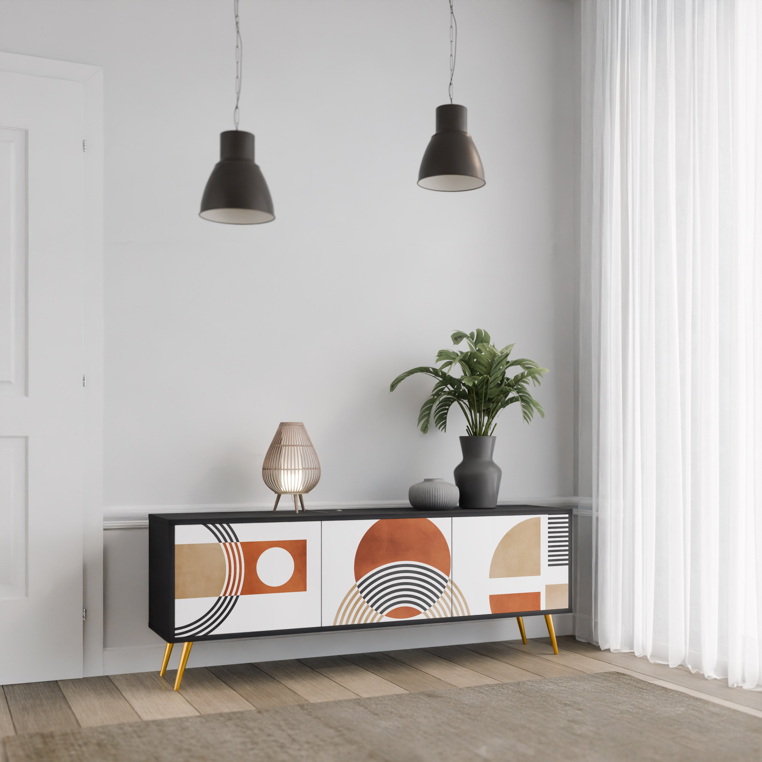 Mueble de TV de 3 puertas CIRCLE RHYTM con acabado negro