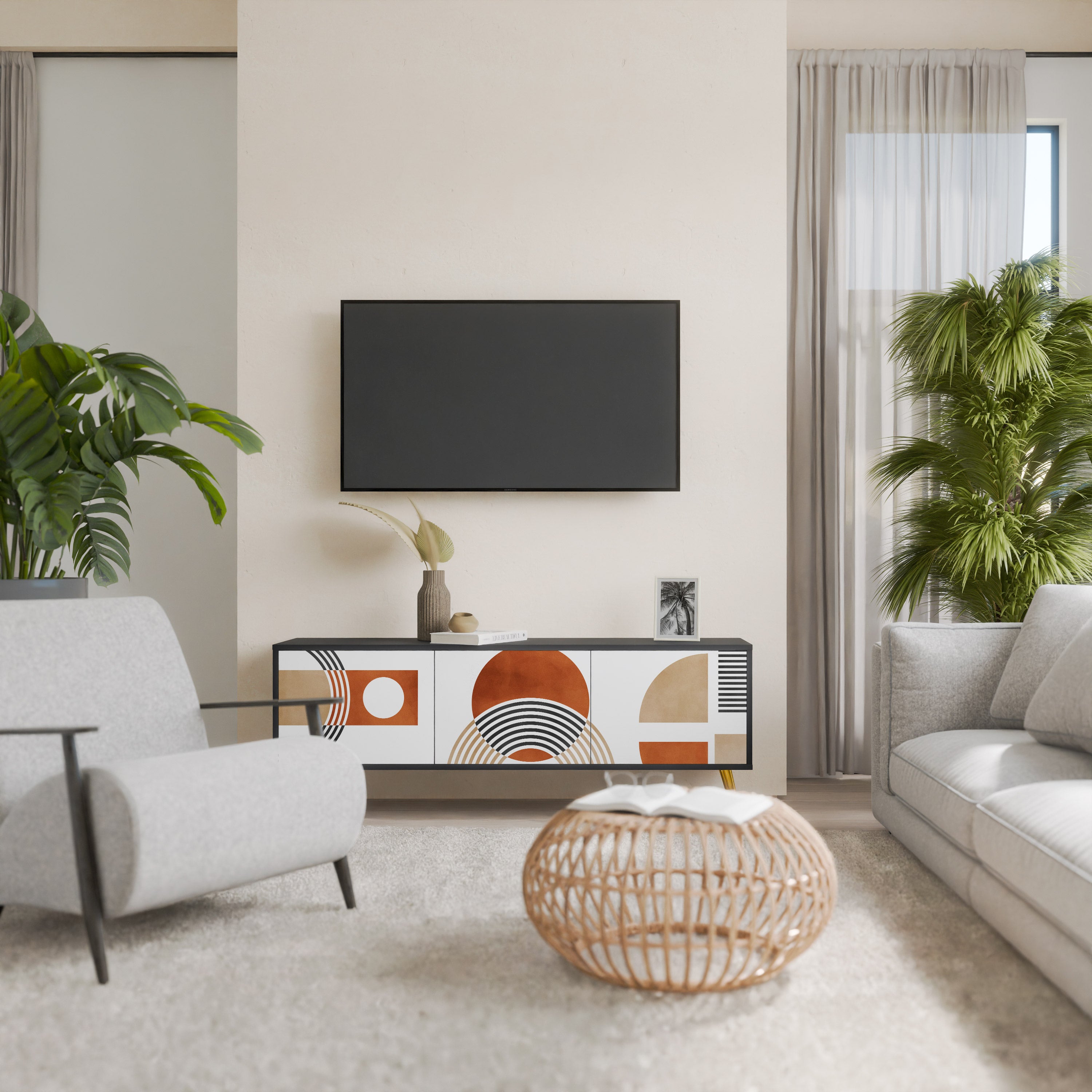 Mueble de TV de 3 puertas CIRCLE RHYTM con acabado negro