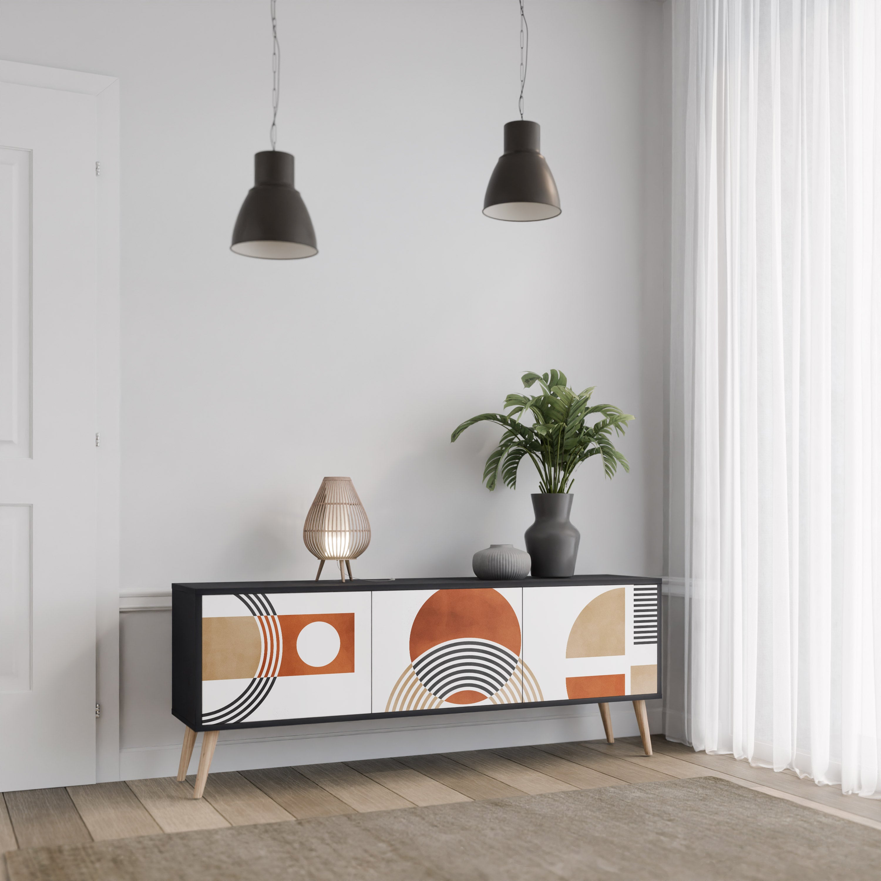 Mueble de TV de 3 puertas CIRCLE RHYTM con acabado negro