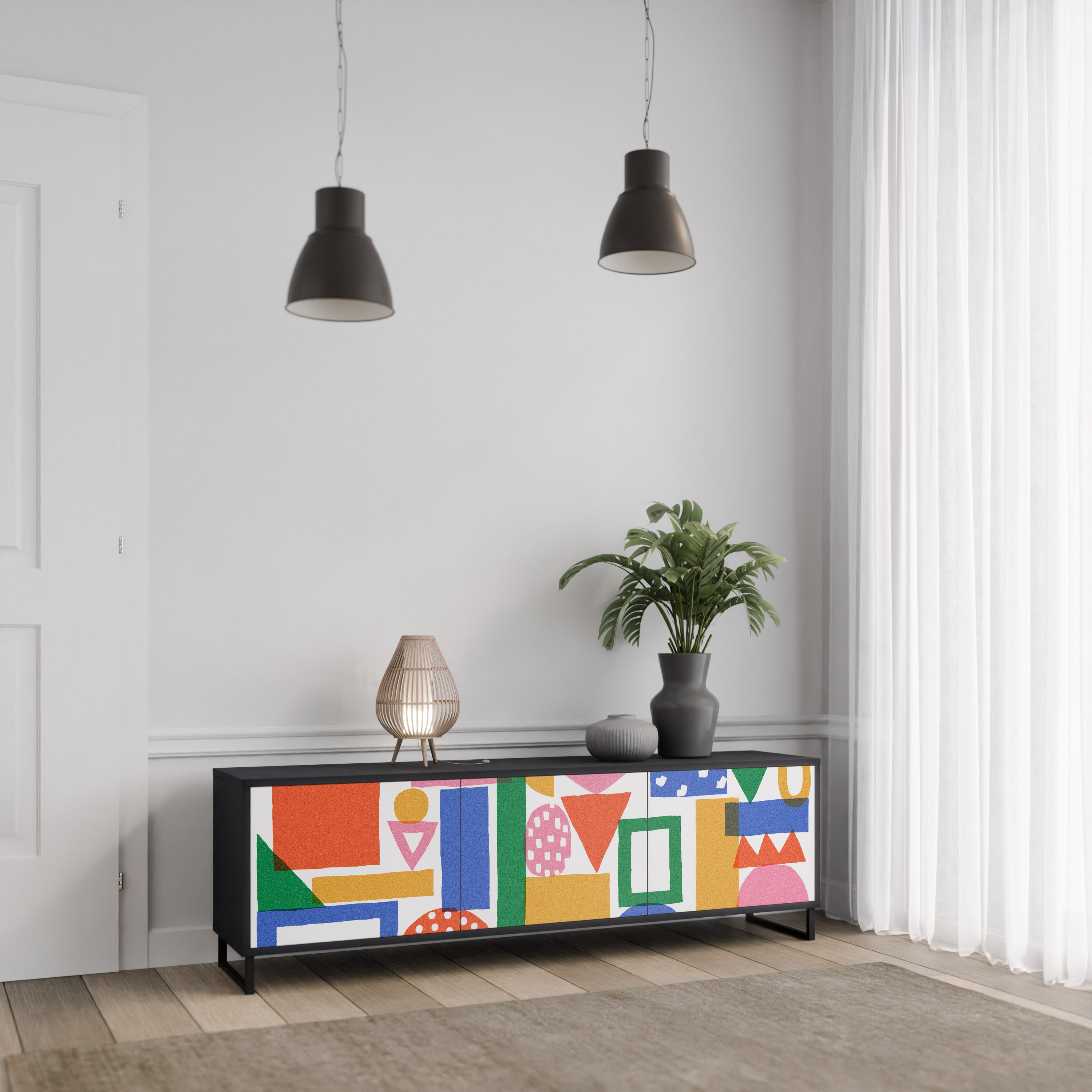 Mueble de TV de 3 puertas GEOMETRIC GLIMMER con acabado negro