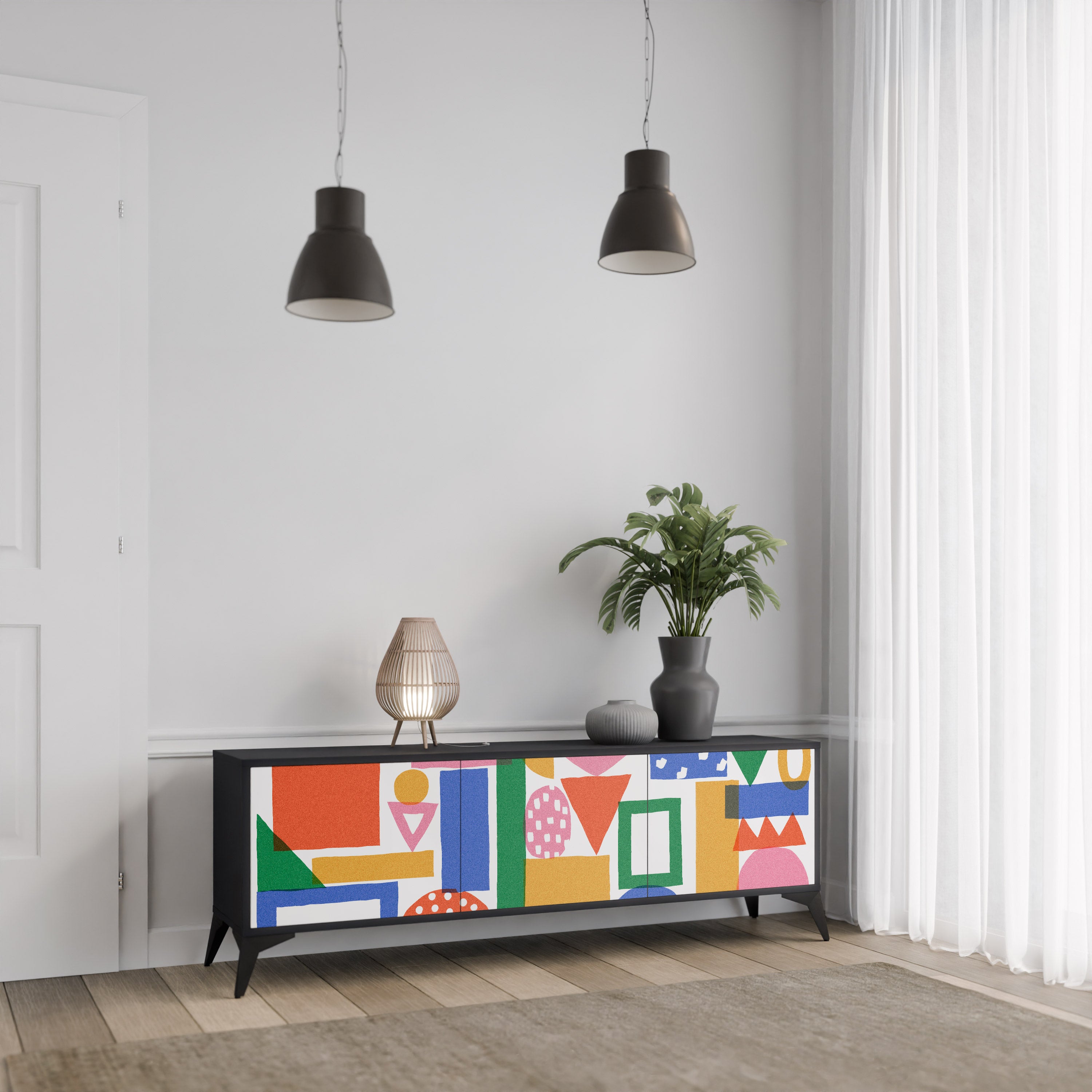 Mueble de TV de 3 puertas GEOMETRIC GLIMMER con acabado negro