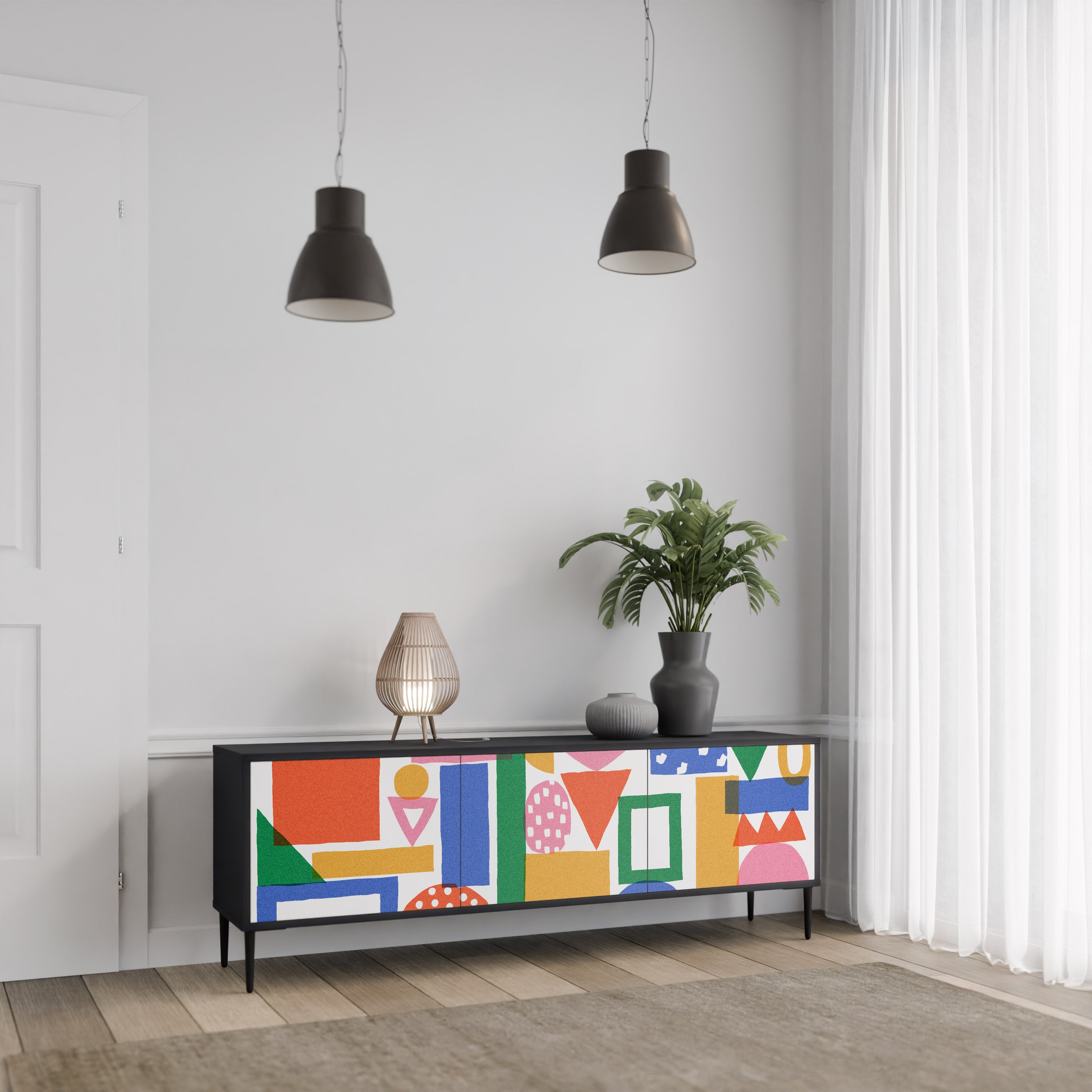 Mueble de TV de 3 puertas GEOMETRIC GLIMMER con acabado negro