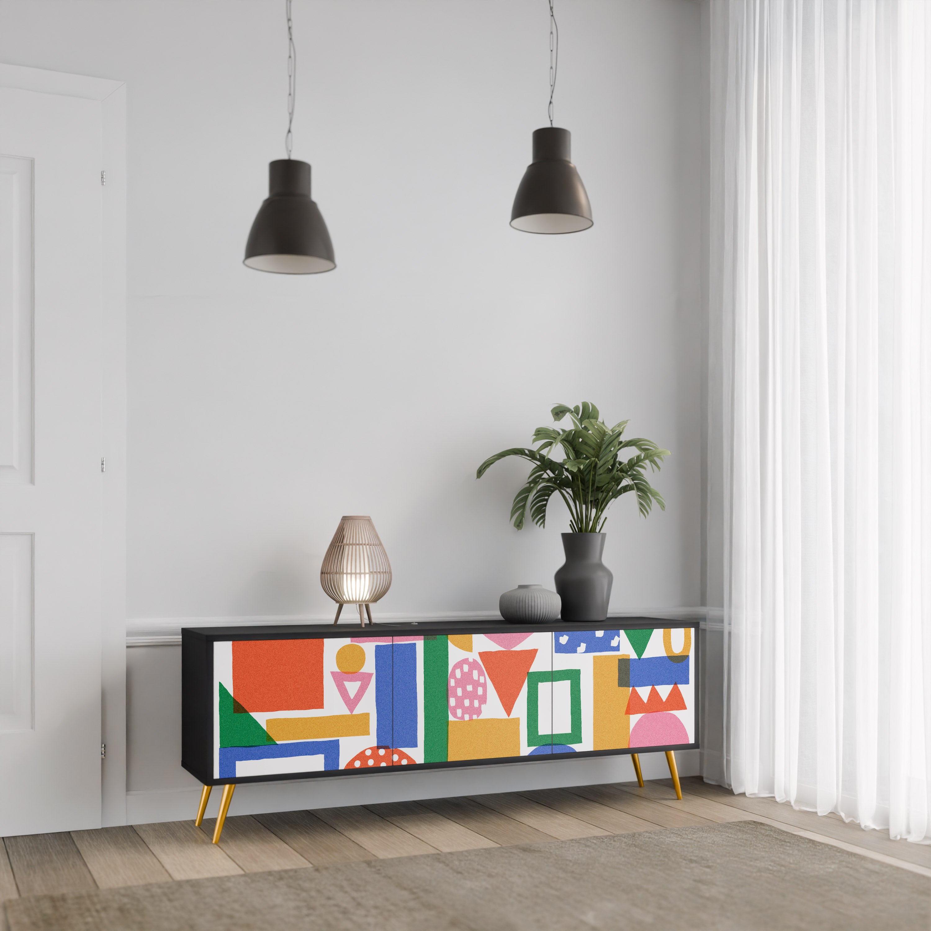 Mueble de TV de 3 puertas GEOMETRIC GLIMMER con acabado negro