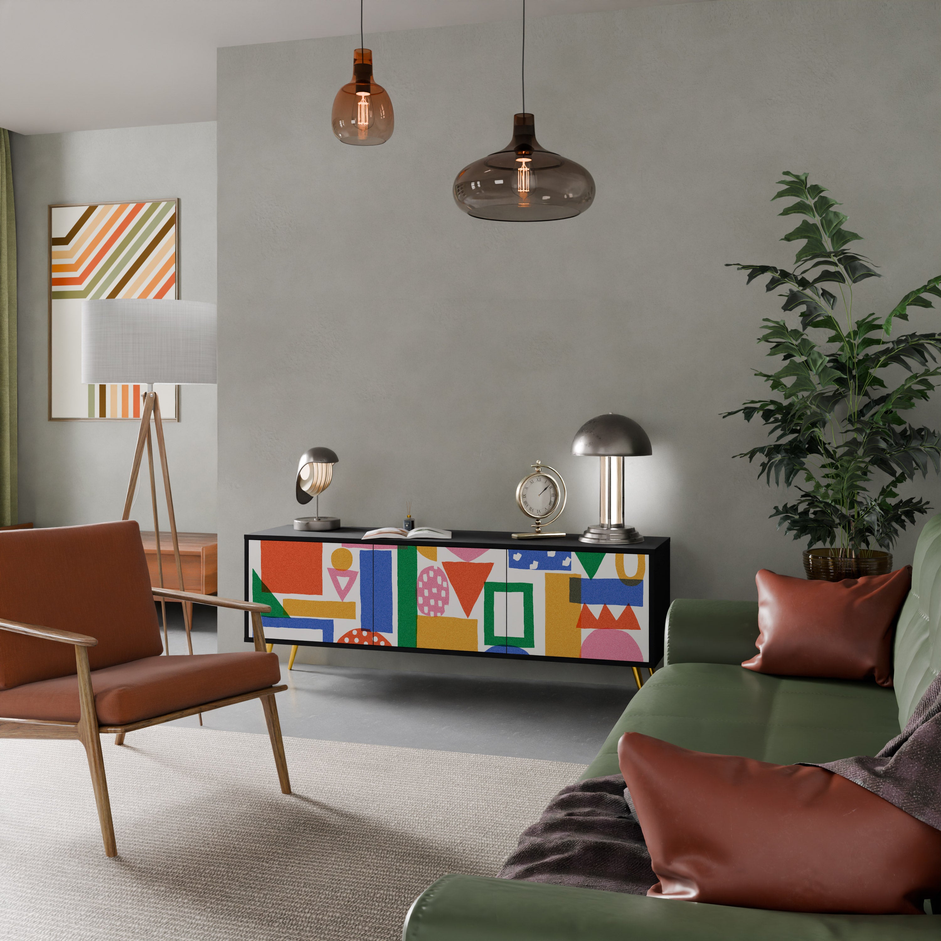 Mueble de TV de 3 puertas GEOMETRIC GLIMMER con acabado negro