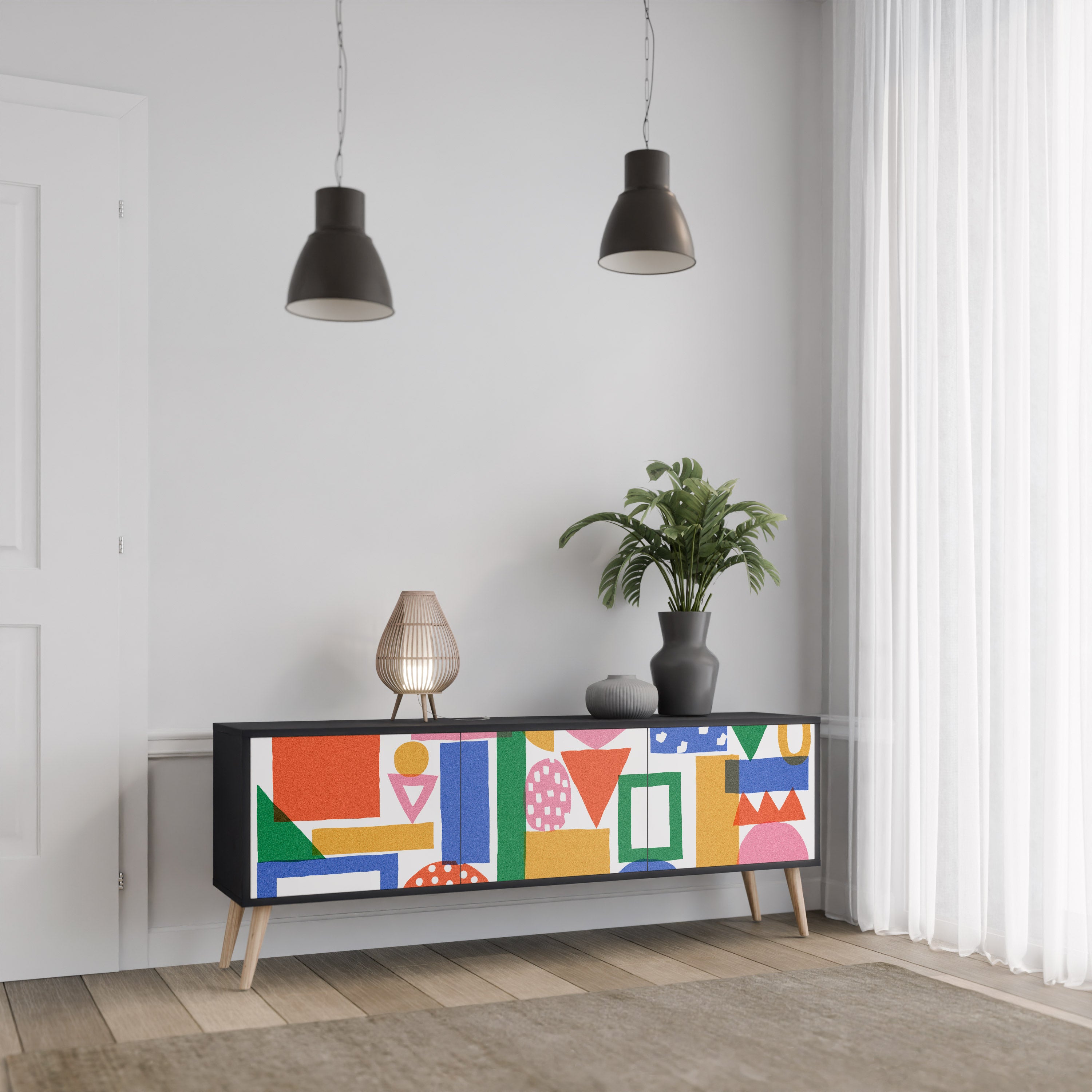 Mueble de TV de 3 puertas GEOMETRIC GLIMMER con acabado negro