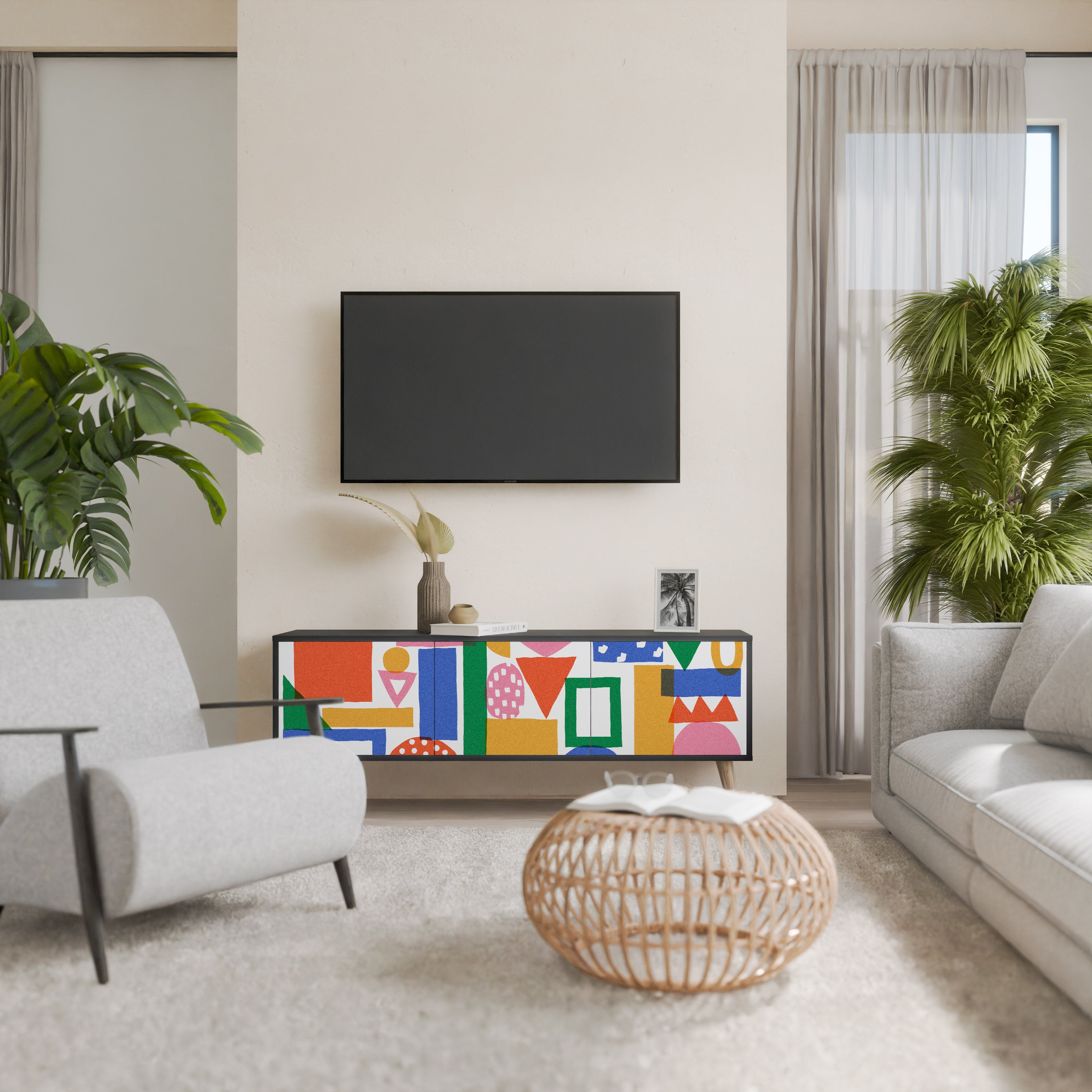 Mueble de TV de 3 puertas GEOMETRIC GLIMMER con acabado negro
